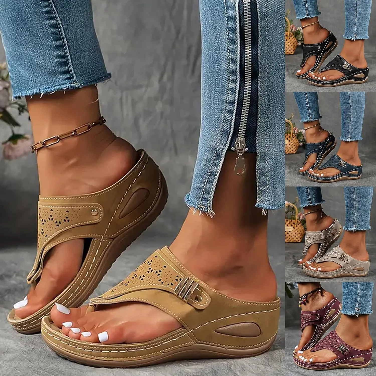Sandals for Women 2025 Dressy Wedge Comfortable Orthopedic Sandals with Arch Support Summer Breathable Cutout Open Toe Flip Flops Flat Platform Slip on Slippers Boho Beach Walking Shoes