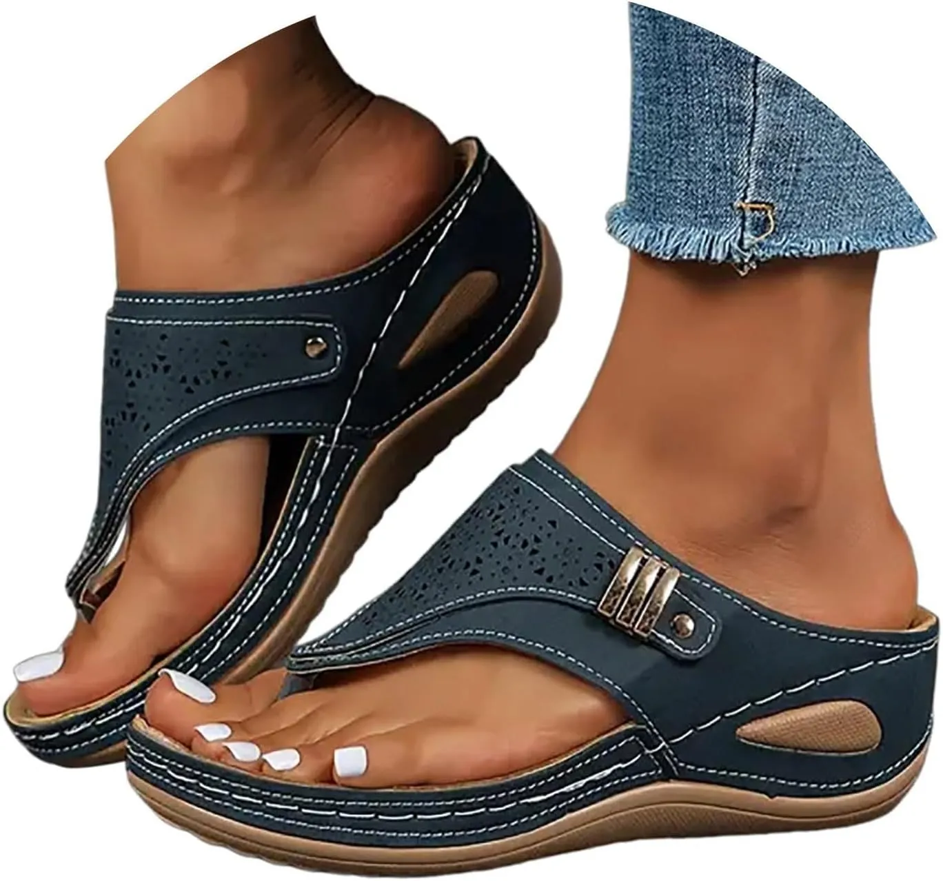Sandals for Women 2025 Dressy Wedge Comfortable Orthopedic Sandals with Arch Support Summer Breathable Cutout Open Toe Flip Flops Flat Platform Slip on Slippers Boho Beach Walking Shoes