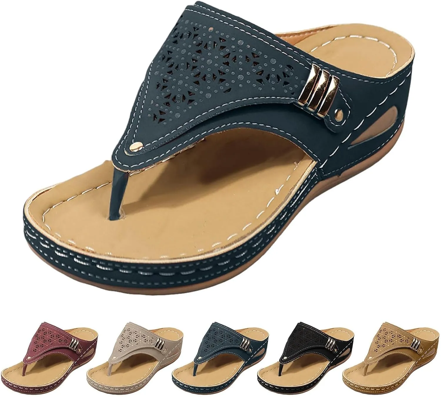 Sandals for Women 2025 Dressy Wedge Comfortable Orthopedic Sandals with Arch Support Summer Breathable Cutout Open Toe Flip Flops Flat Platform Slip on Slippers Boho Beach Walking Shoes