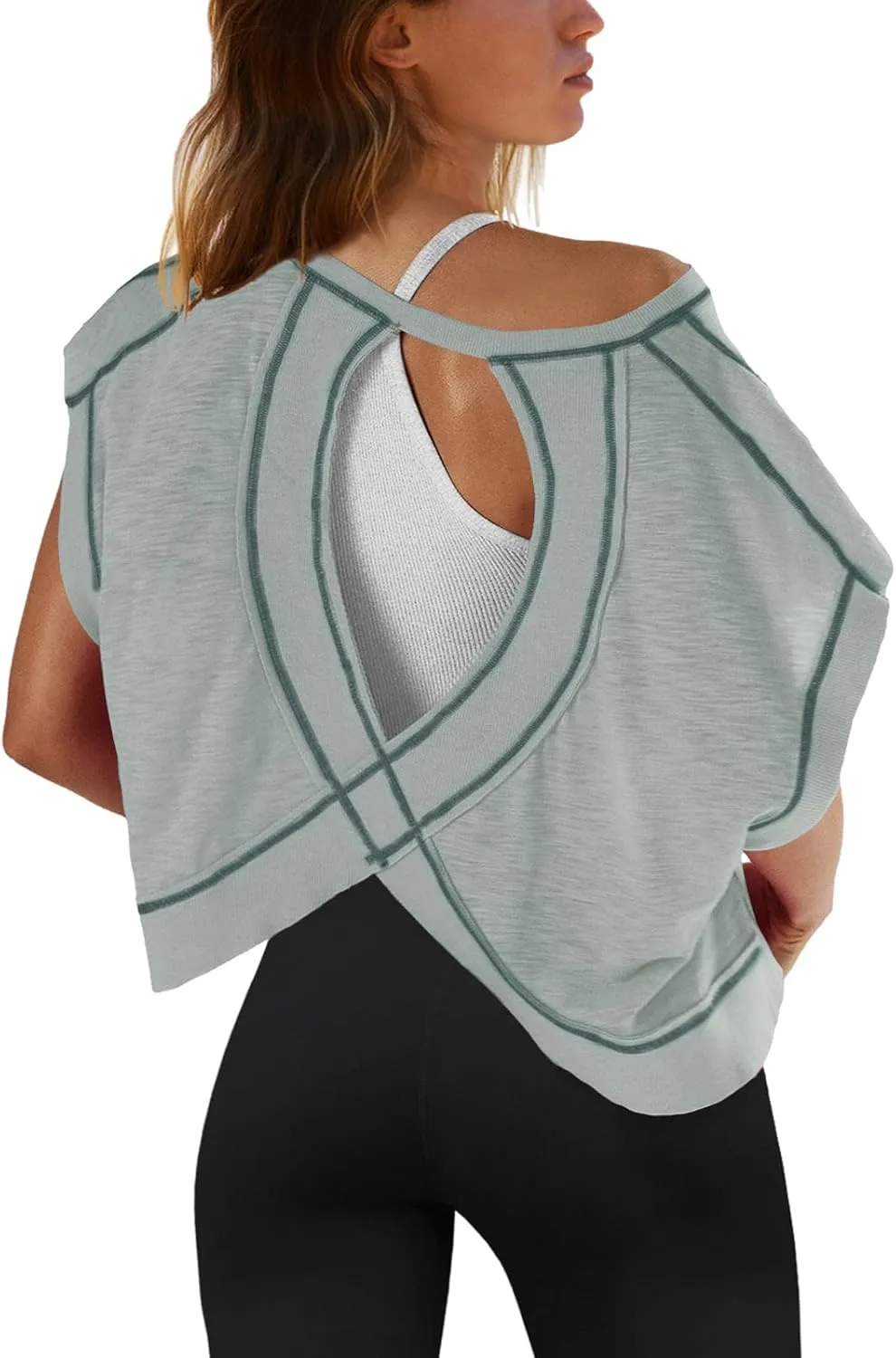 SENSERISE Womens Open Back Workout Tops Backless Short Sleeve Athletic Shirt Running Crop Top Gym Yoga Tee