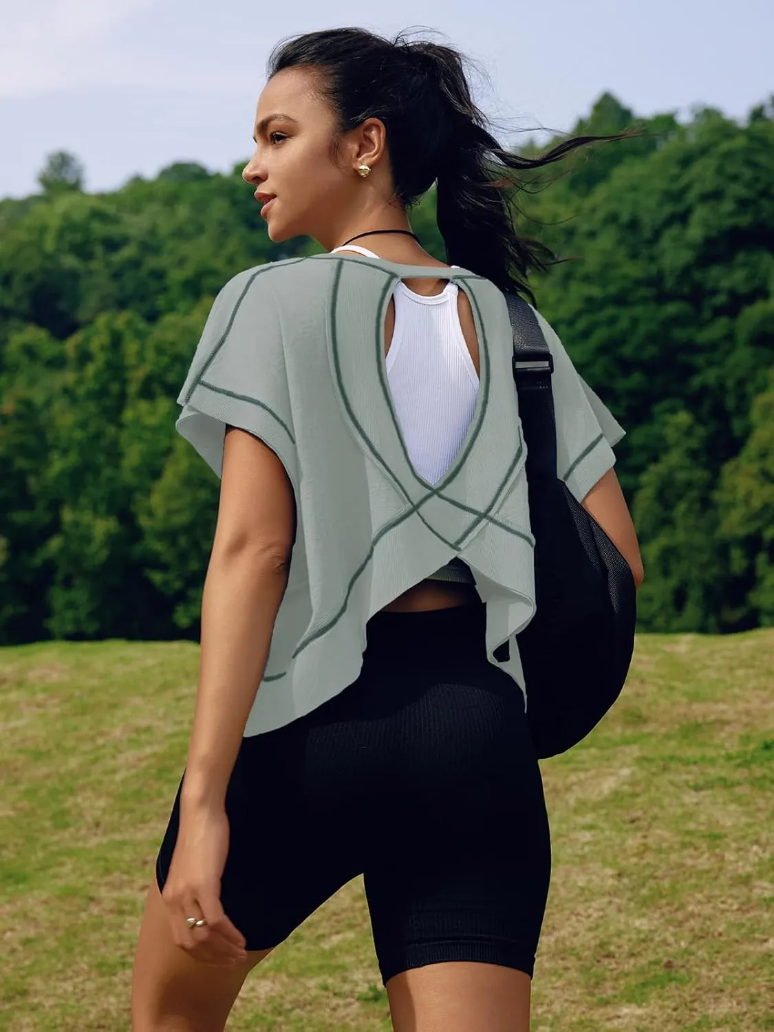SENSERISE Womens Open Back Workout Tops Backless Short Sleeve Athletic Shirt Running Crop Top Gym Yoga Tee