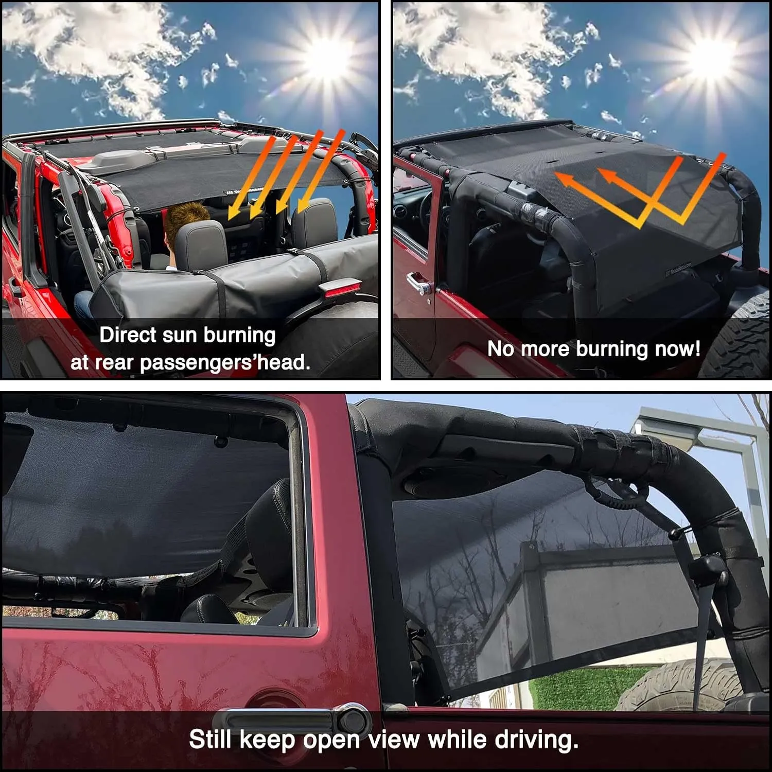 Shadeidea JK Sun Shade Top Compatible with Jeep Wrangler JKU Top Sunshade Soft Mesh Roof Cover (2007-2018)- Wind Noise UV Blocker -10 Year Warranty -2 Door -Black -Front&Rear&Back (Full Length)