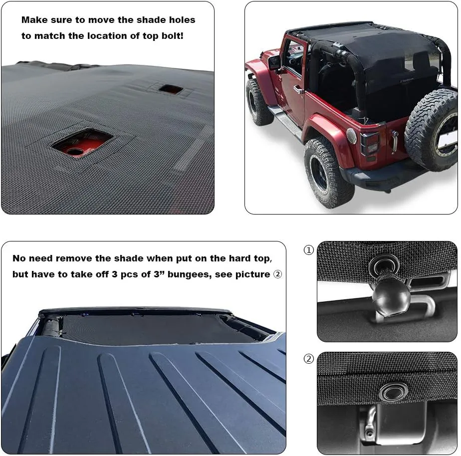 Shadeidea JK Sun Shade Top Compatible with Jeep Wrangler JKU Top Sunshade Soft Mesh Roof Cover (2007-2018)- Wind Noise UV Blocker -10 Year Warranty -2 Door -Black -Front&Rear&Back (Full Length)