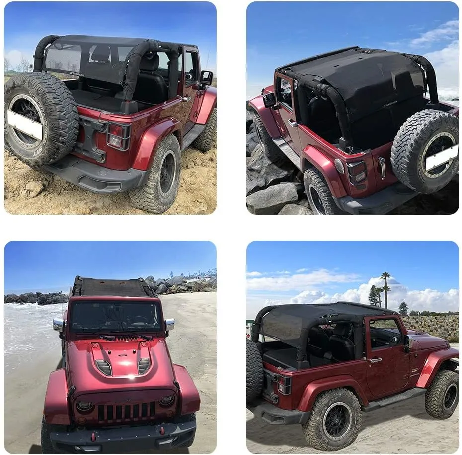 Shadeidea JK Sun Shade Top Compatible with Jeep Wrangler JKU Top Sunshade Soft Mesh Roof Cover (2007-2018)- Wind Noise UV Blocker -10 Year Warranty -2 Door -Black -Front&Rear&Back (Full Length)
