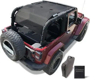 Shadeidea JK Sun Shade Top Compatible with Jeep Wrangler JKU Top Sunshade Soft Mesh Roof Cover (2007-2018)- Wind Noise UV Blocker -10 Year Warranty -2 Door -Black -Front&Rear&Back (Full Length)