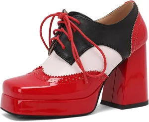 SHEMEE Multi-Colored Oxford Heels for Women Square Toe Chunky High Heels Platform Pumps Lace Up Derby Shoe Leisure Perforated Brogues Work Office Dress Shoes