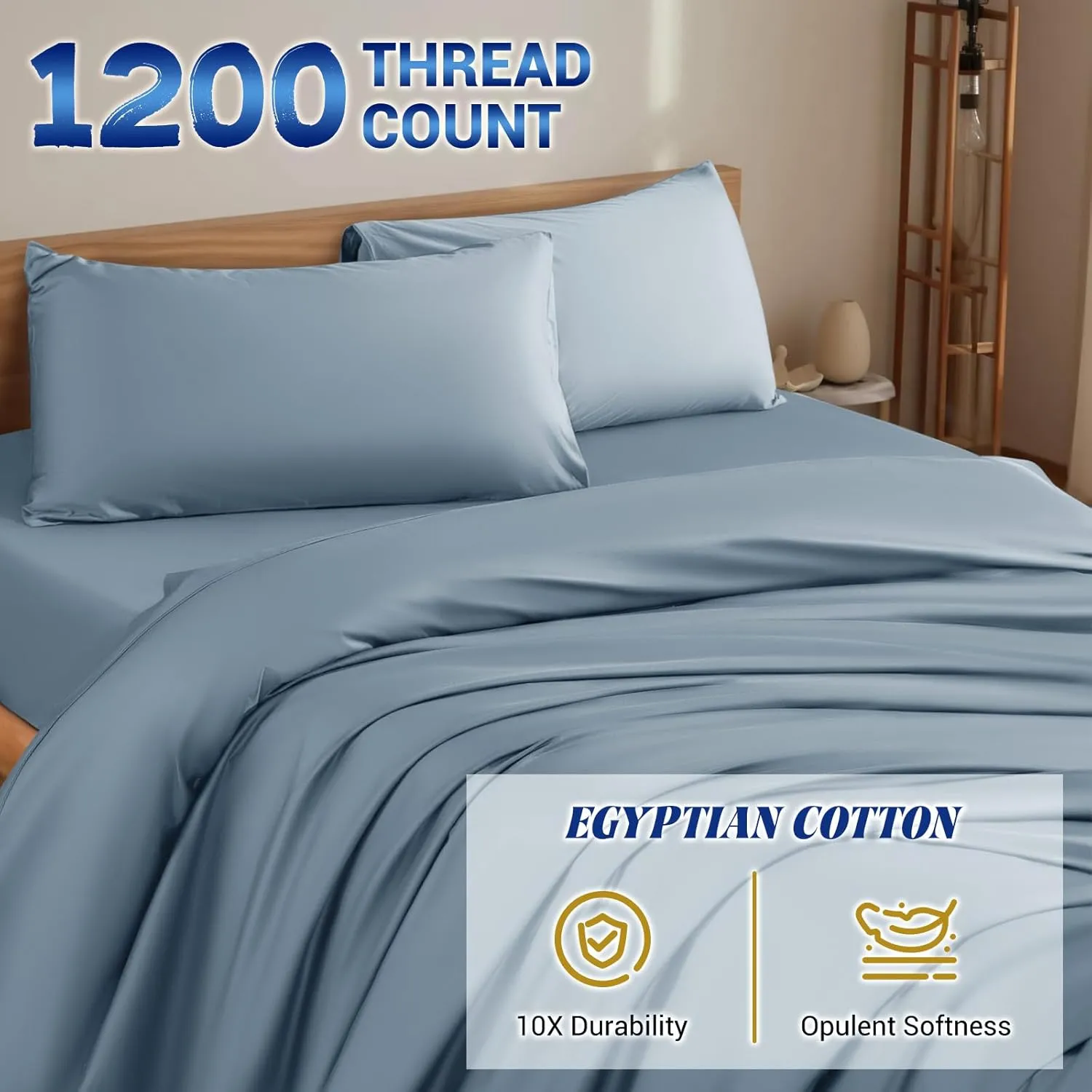 Shilucheng 1200 Thread Count Cotton Sheets Set，Luxury 100% Egyptian Cotton Bed Sheets，5-Star Hotel Quality Sheets, Breathable & Cooling, 16 Inch Deep Pocket - 4 Piece (French Blue, King)