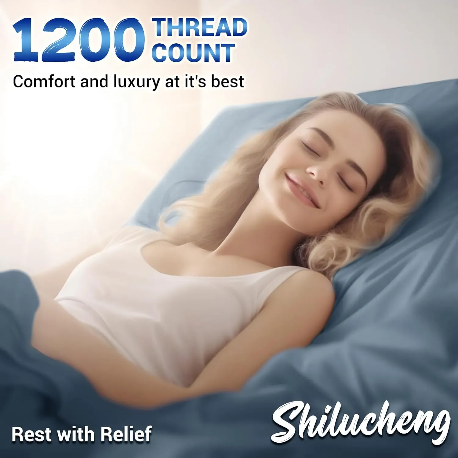 Shilucheng 1200 Thread Count Cotton Sheets Set，Luxury 100% Egyptian Cotton Bed Sheets，5-Star Hotel Quality Sheets, Breathable & Cooling, 16 Inch Deep Pocket - 4 Piece (French Blue, King)
