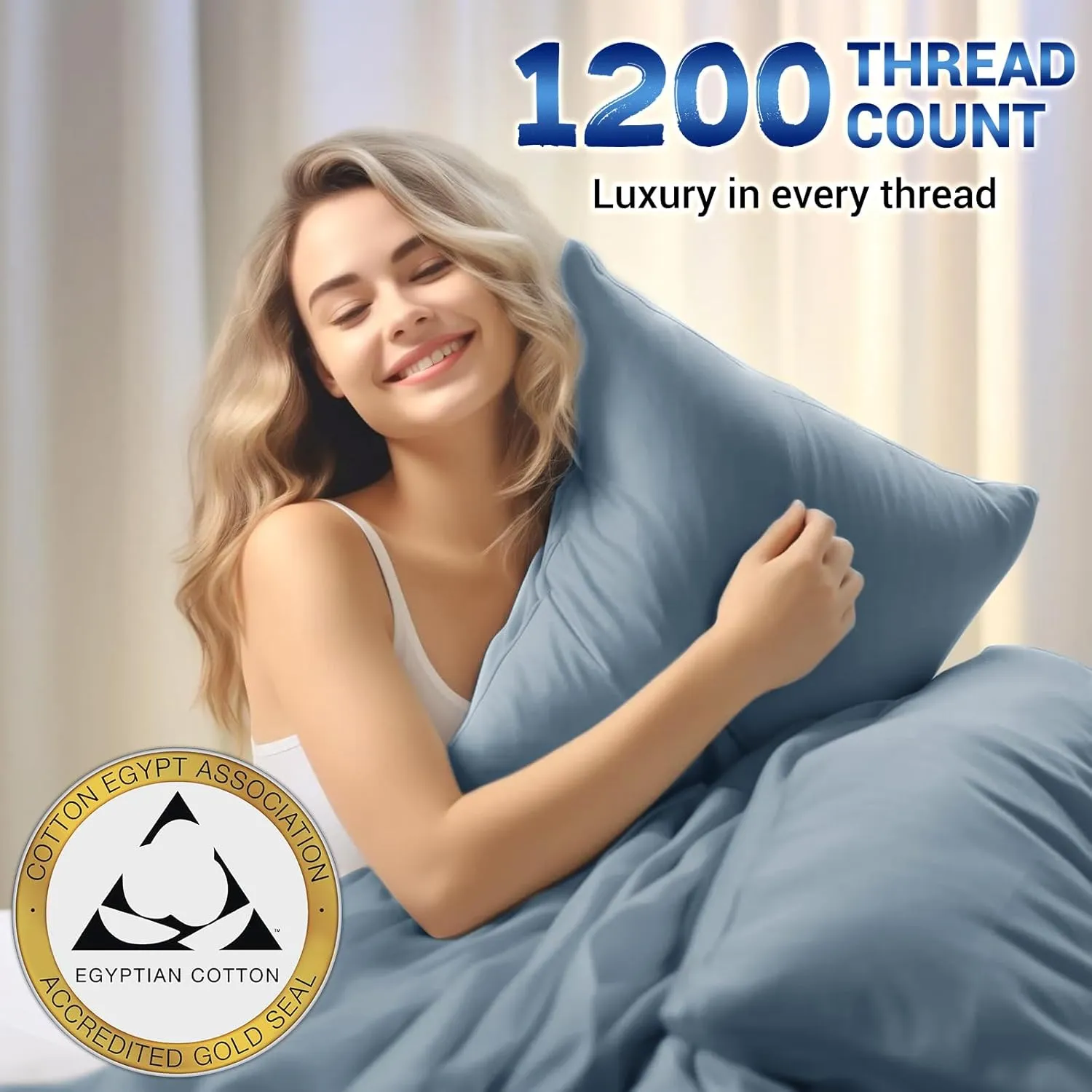 Shilucheng 1200 Thread Count Cotton Sheets Set，Luxury 100% Egyptian Cotton Bed Sheets，5-Star Hotel Quality Sheets, Breathable & Cooling, 16 Inch Deep Pocket - 4 Piece (French Blue, King)
