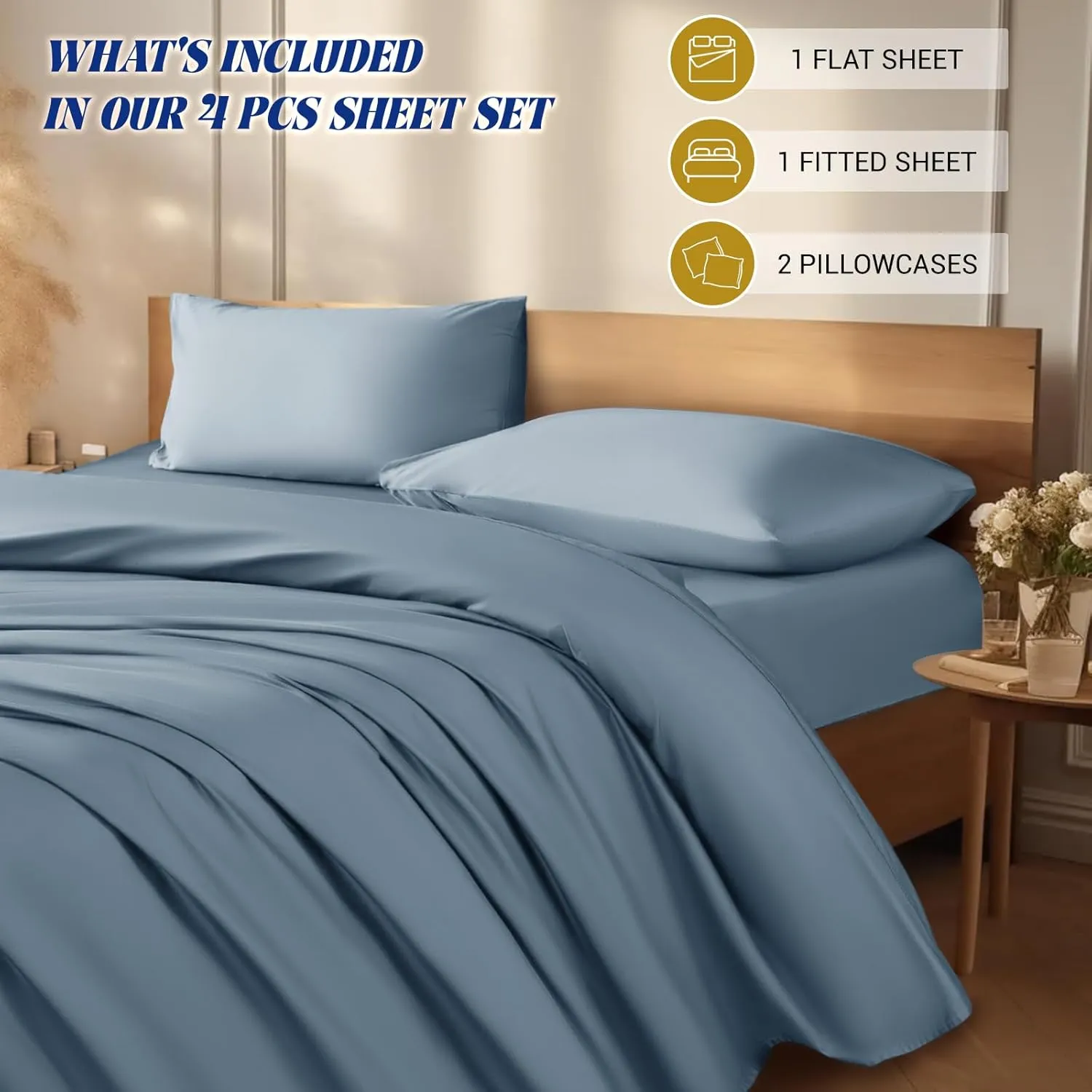 Shilucheng 1200 Thread Count Cotton Sheets Set，Luxury 100% Egyptian Cotton Bed Sheets，5-Star Hotel Quality Sheets, Breathable & Cooling, 16 Inch Deep Pocket - 4 Piece (French Blue, King)