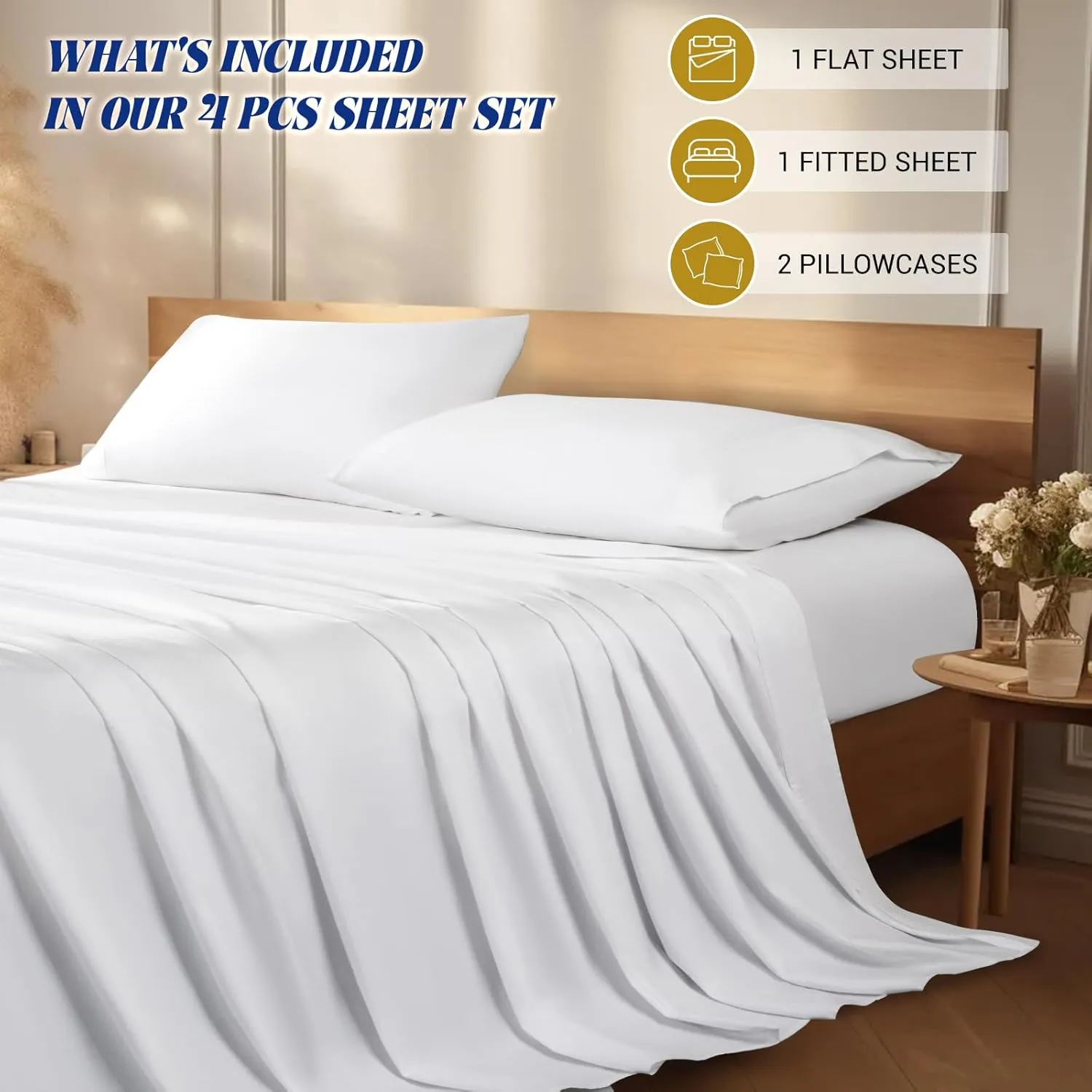 Shilucheng 1200 Thread Count Cotton Sheets Set，Luxury 100% Egyptian Cotton Bed Sheets，5-Star Hotel Quality Sheets, Breathable & Cooling, 16 Inch Deep Pocket - 4 Piece (White, King)