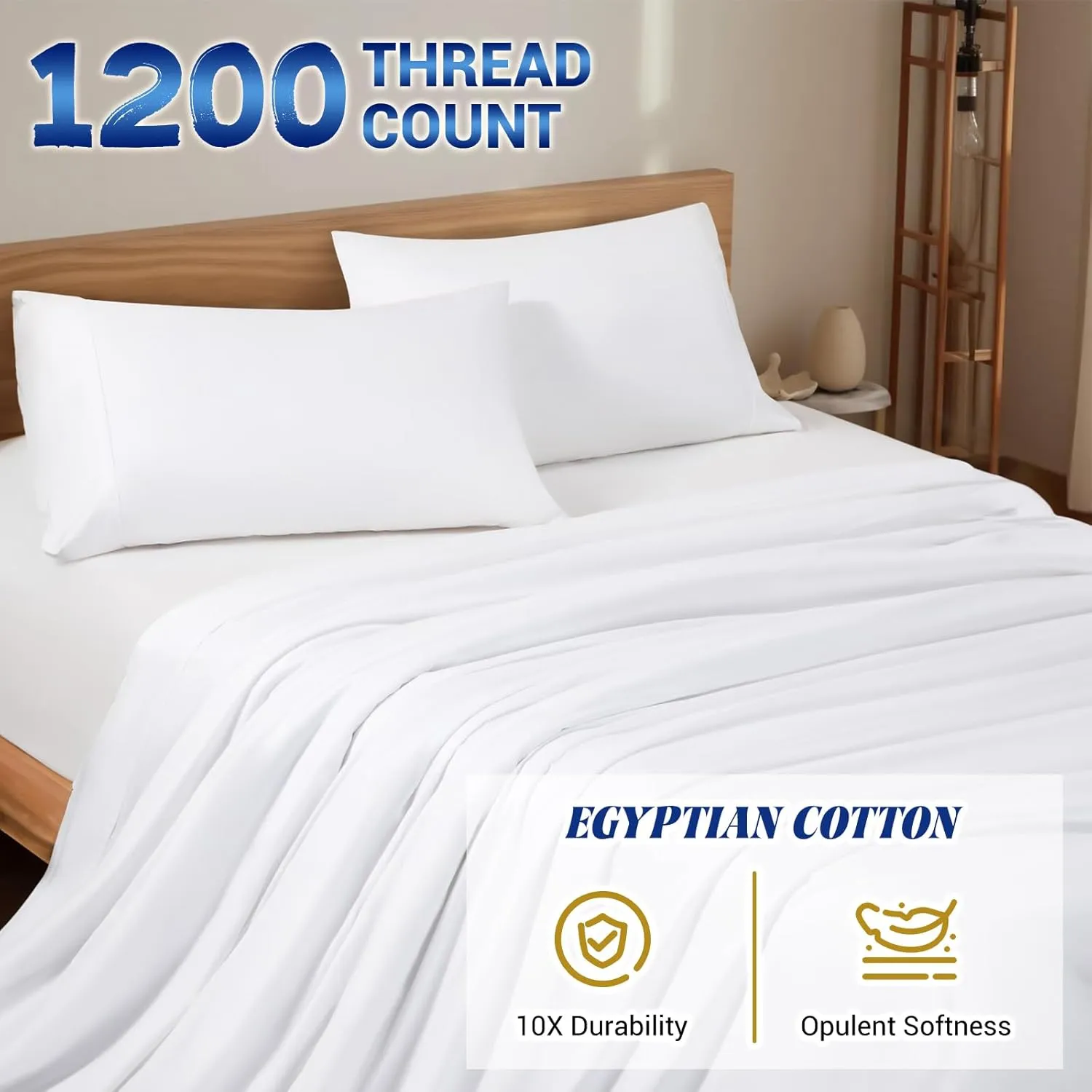 Shilucheng 1200 Thread Count Cotton Sheets Set，Luxury 100% Egyptian Cotton Bed Sheets，5-Star Hotel Quality Sheets, Breathable & Cooling, 16 Inch Deep Pocket - 4 Piece (White, King)
