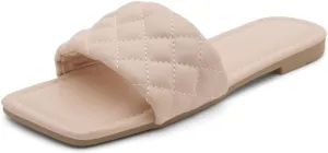 Shoe Land Women’s Flat Sandals – Quilted One-Band Fashion Slides with Square Open Toe & Comfort Footbed | Dressy Casual Slip-On Sandals for Summer, Travel & Daily Wear