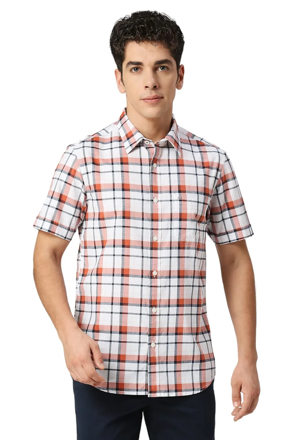 Slim Fit Cotton Oxford Checks Halfsleeves Shirt