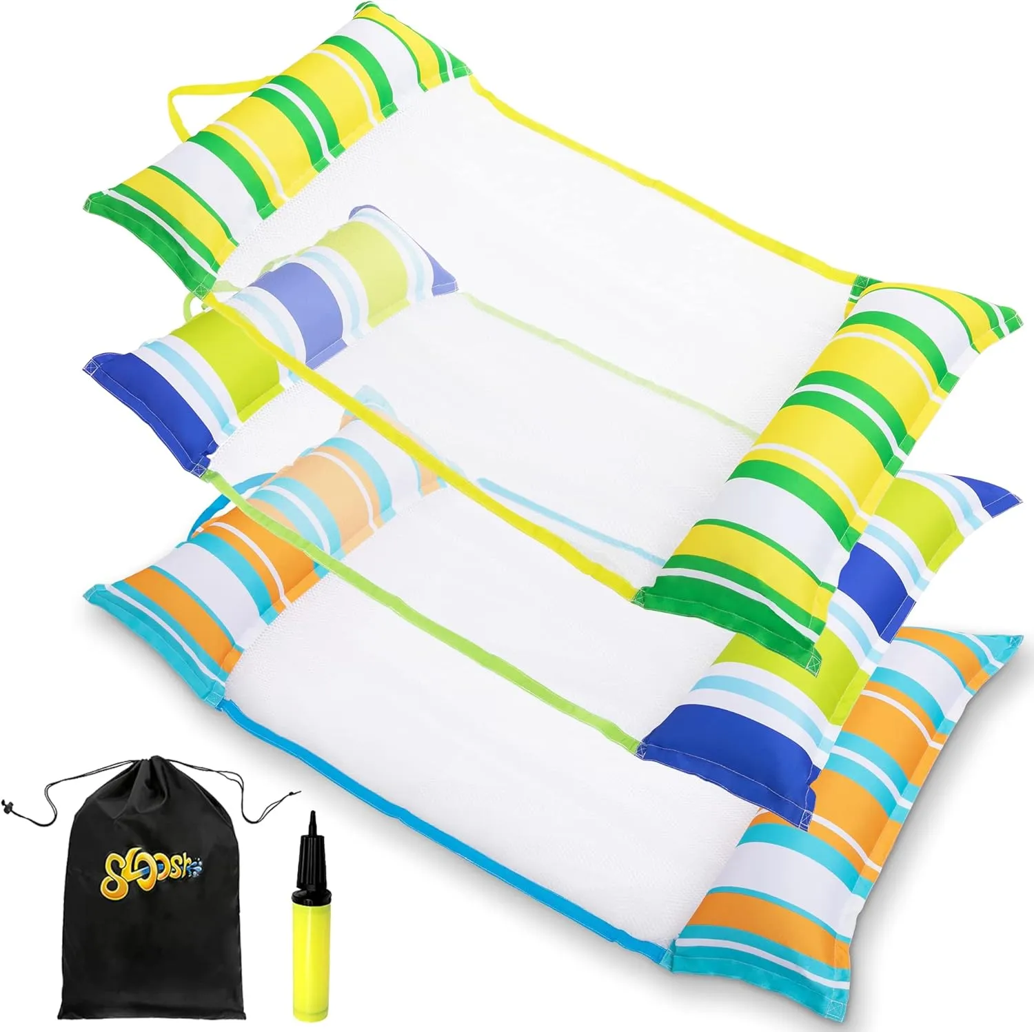 Sloosh 3 Pack Inflatable Pool Float Hammock, Water Lounges, Multi-Purpose Swimming Pool Accessories (Saddle, Lounge Chair, Hammock, Drifter), Lake, Outdoor, Beach