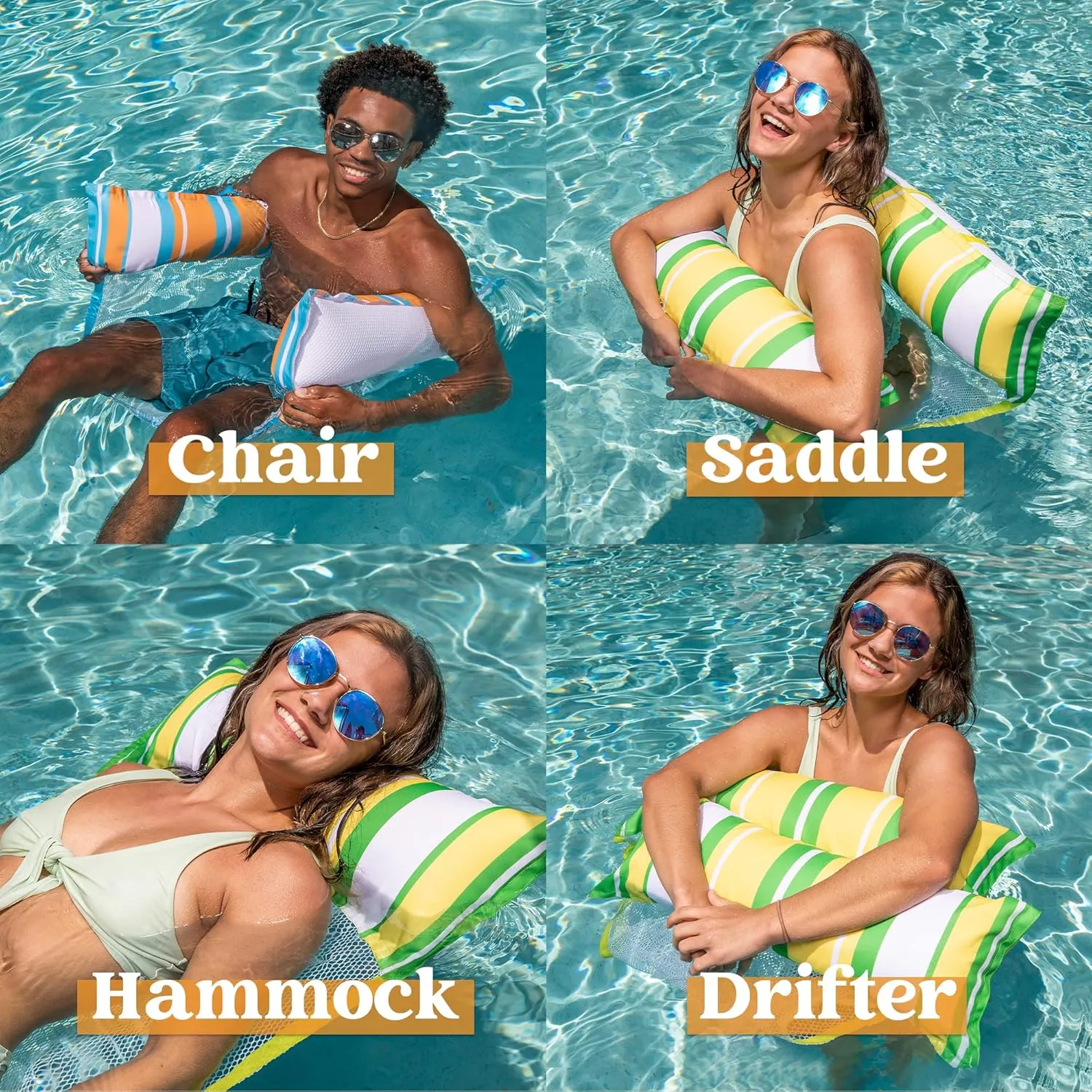 Sloosh 3 Pack Inflatable Pool Float Hammock, Water Lounges, Multi-Purpose Swimming Pool Accessories (Saddle, Lounge Chair, Hammock, Drifter), Lake, Outdoor, Beach