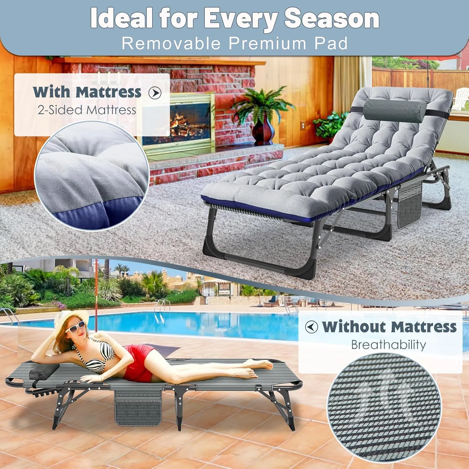 Slsy Sleeping Cots for Adults, 5-Position Folding Chaise Lounge Chairs Outdoor, Portable Folding Bed Cot Lounge Chair for Beach Lawn Camping Pool Sun Tanning