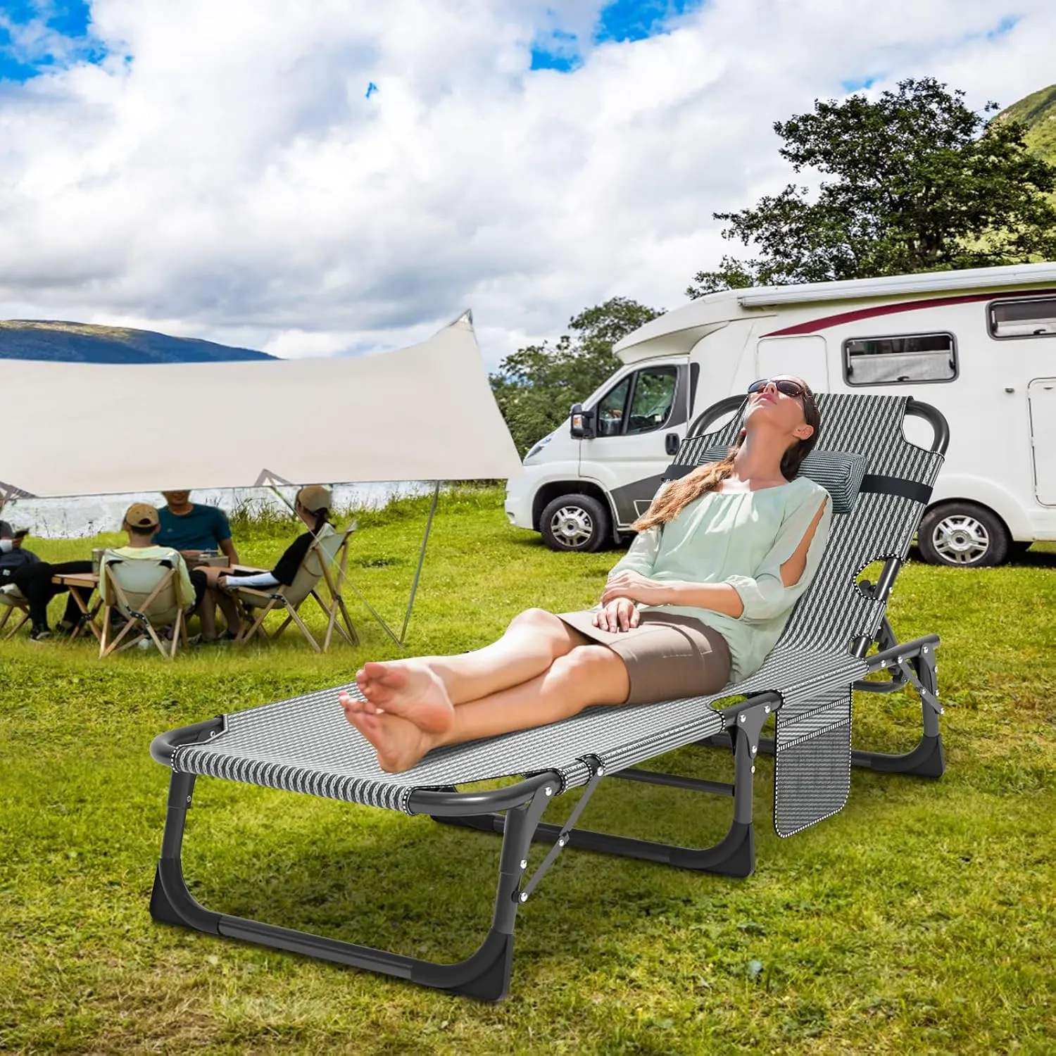 Slsy Sleeping Cots for Adults, 5-Position Folding Chaise Lounge Chairs Outdoor, Portable Folding Bed Cot Lounge Chair for Beach Lawn Camping Pool Sun Tanning