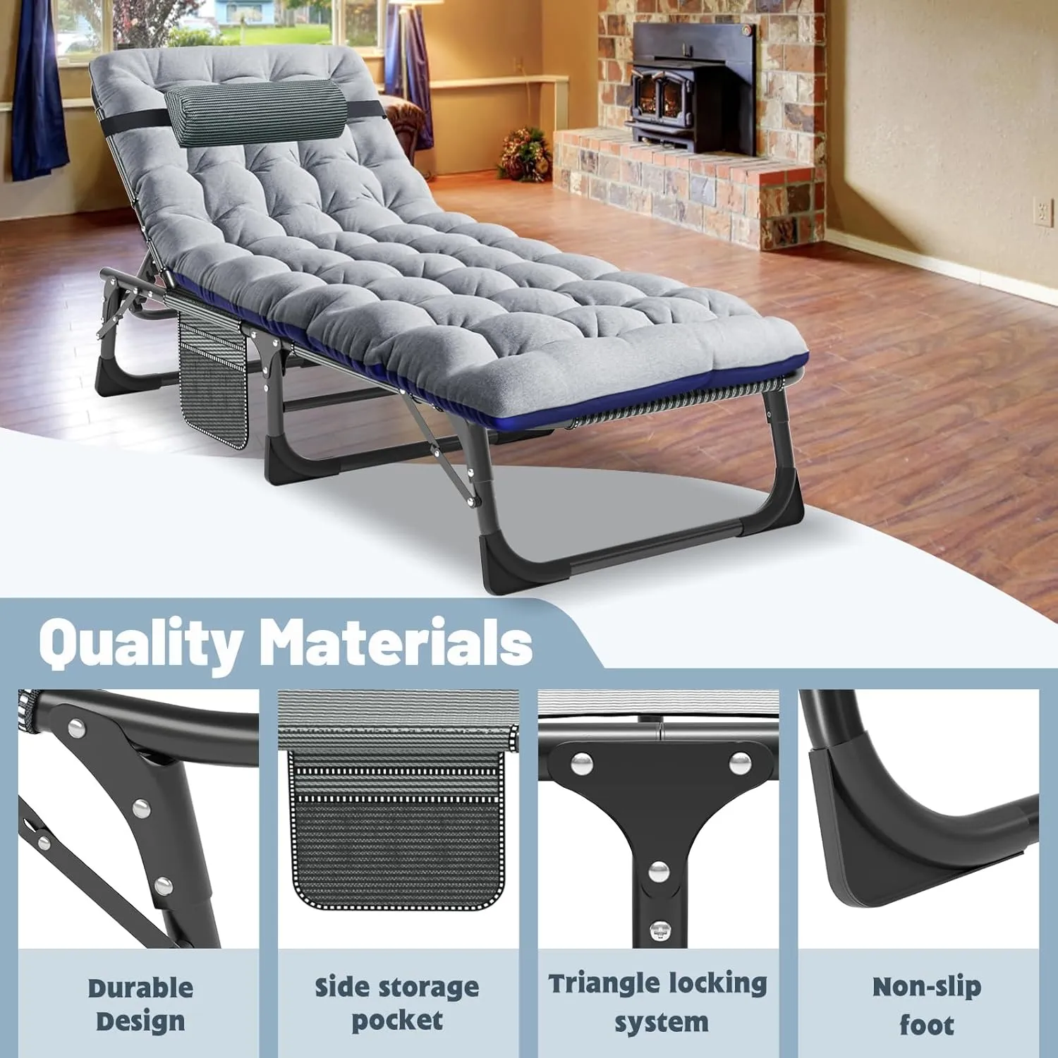 Slsy Sleeping Cots for Adults, 5-Position Folding Chaise Lounge Chairs Outdoor, Portable Folding Bed Cot Lounge Chair for Beach Lawn Camping Pool Sun Tanning