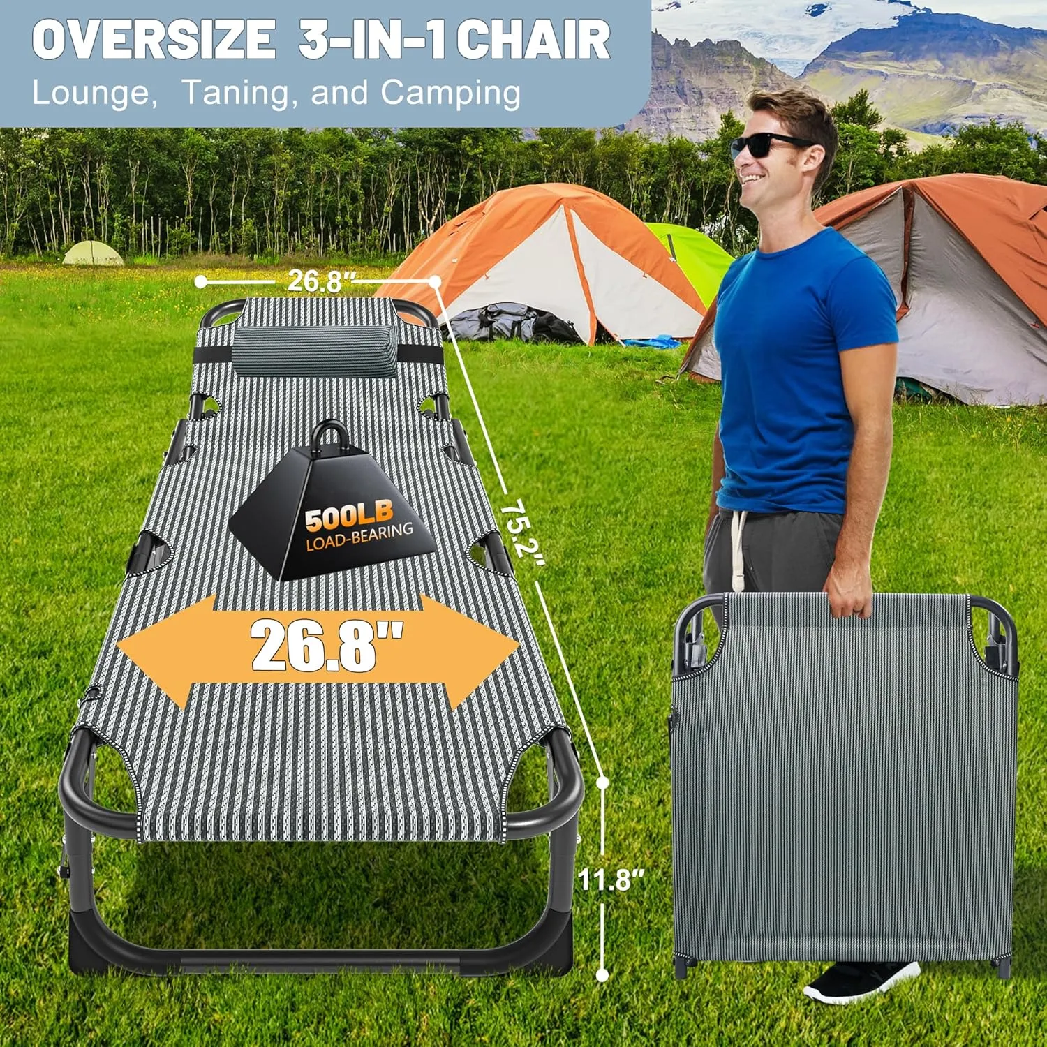 Slsy Sleeping Cots for Adults, 5-Position Folding Chaise Lounge Chairs Outdoor, Portable Folding Bed Cot Lounge Chair for Beach Lawn Camping Pool Sun Tanning