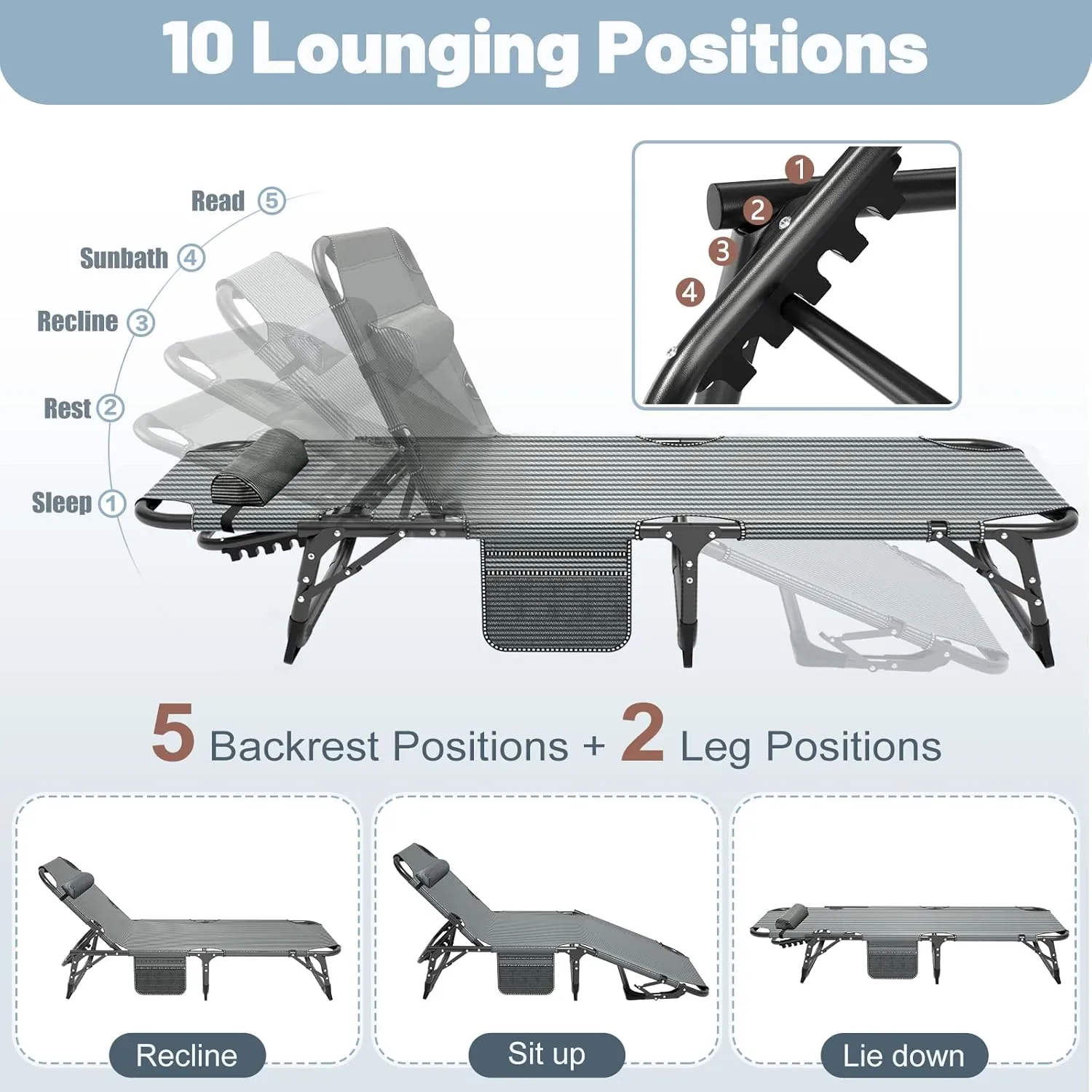 Slsy Sleeping Cots for Adults, 5-Position Folding Chaise Lounge Chairs Outdoor, Portable Folding Bed Cot Lounge Chair for Beach Lawn Camping Pool Sun Tanning