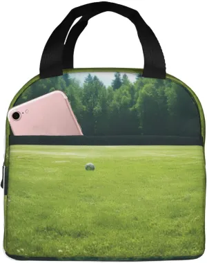 Soccer Ball On Grassy Lunch Bag Lunch Box For Women Men Insulated Reusable Lunch Box