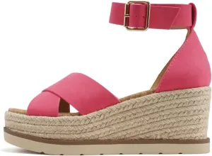 Soda “Fabian” ~ Women Square Toe Closed Back Counter Crisscross Band Platform Espadrille Wedge Sandals with Adjustable Ankle Strap