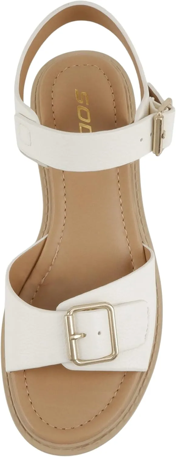 Soda Remo ~ Women Round Toe Buckle Strap Lug Sole Wedge Sandal
