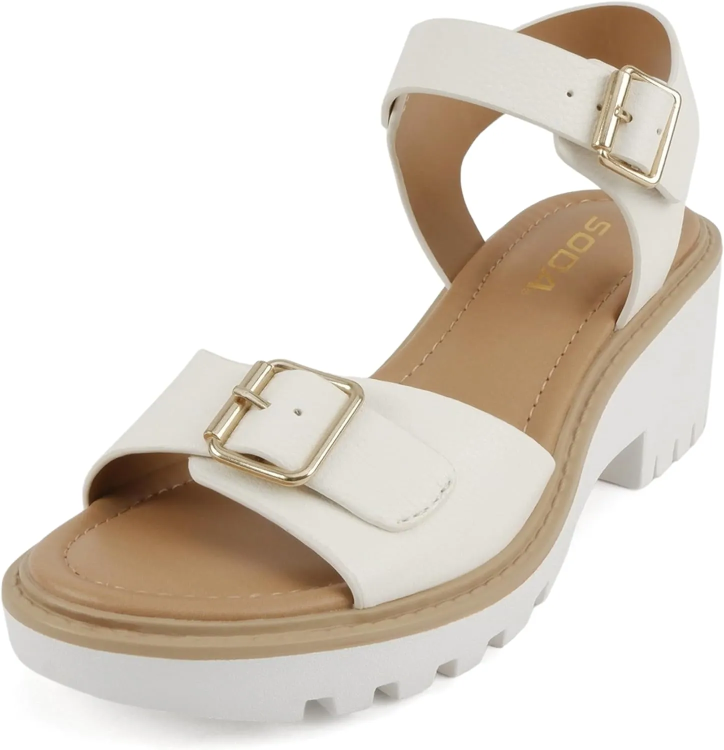 Soda Remo ~ Women Round Toe Buckle Strap Lug Sole Wedge Sandal