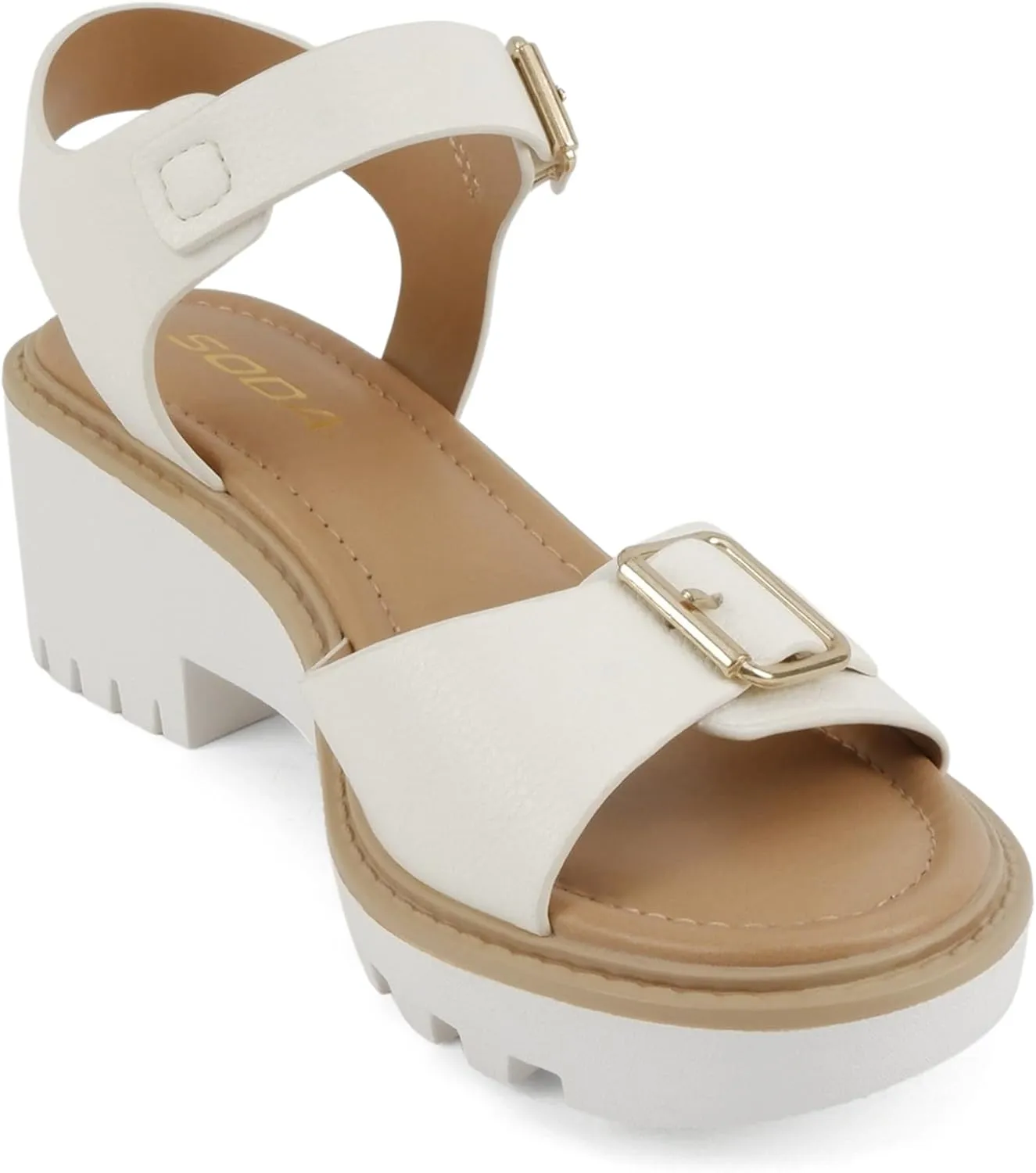 Soda Remo ~ Women Round Toe Buckle Strap Lug Sole Wedge Sandal