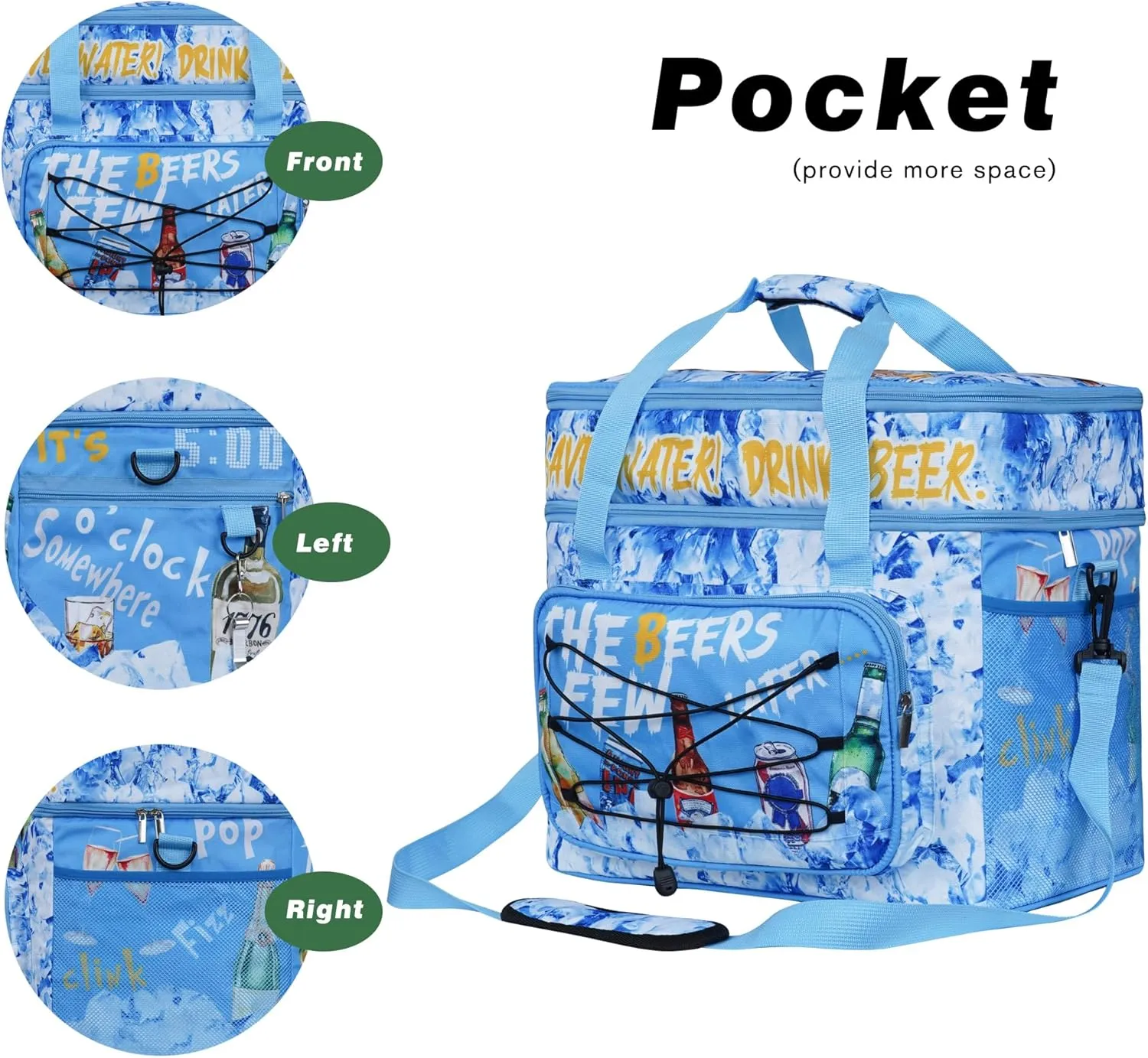 Soft Collapsible Insulated Sided Cooler - 60 Can Large Leakproof Picnic Beach Meal Prep Portable Travel Cooler for Shopping, Kayaking, Road Trips