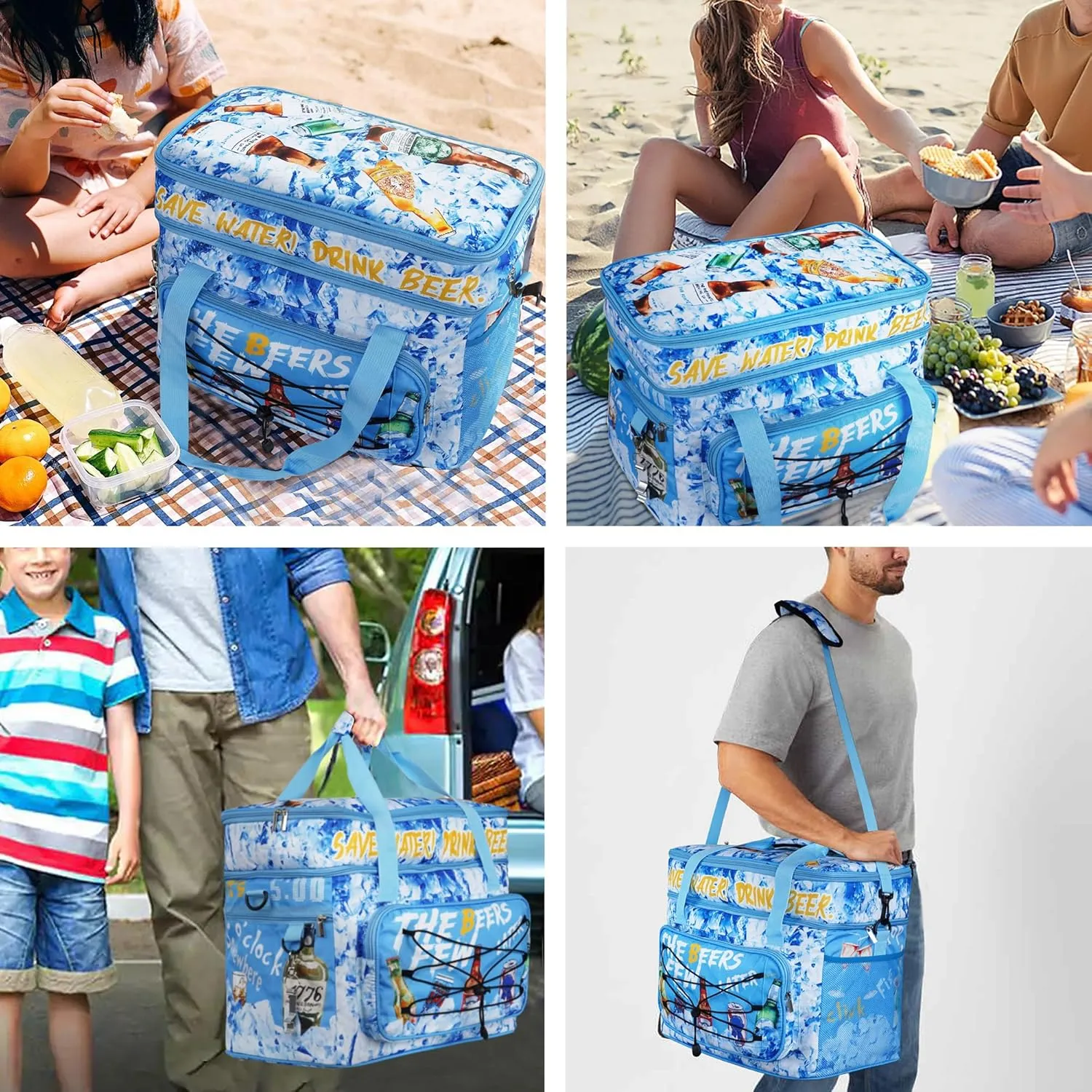 Soft Collapsible Insulated Sided Cooler - 60 Can Large Leakproof Picnic Beach Meal Prep Portable Travel Cooler for Shopping, Kayaking, Road Trips
