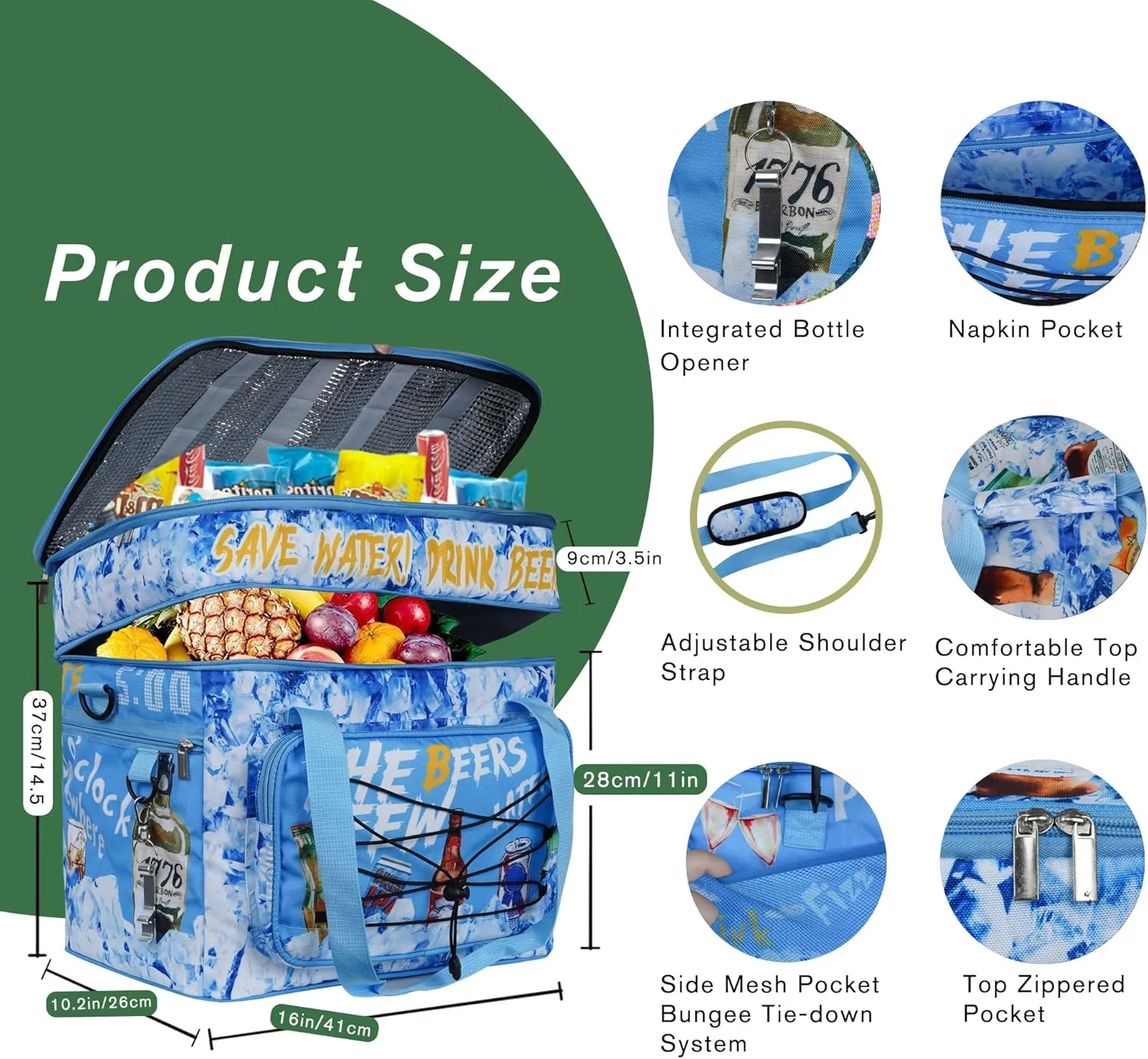 Soft Collapsible Insulated Sided Cooler - 60 Can Large Leakproof Picnic Beach Meal Prep Portable Travel Cooler for Shopping, Kayaking, Road Trips