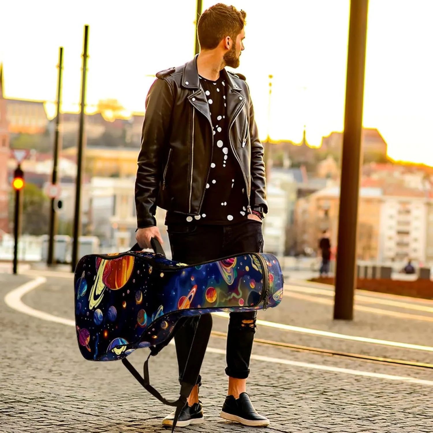Solar System Galaxy Astronomy Universe Acoustic Guitar Gig Bag, 1 cm Thick Padding Waterproof Guitar Case Backpack with Dual Adjustable Shoulder Strap for 40-42 Inch Guitar