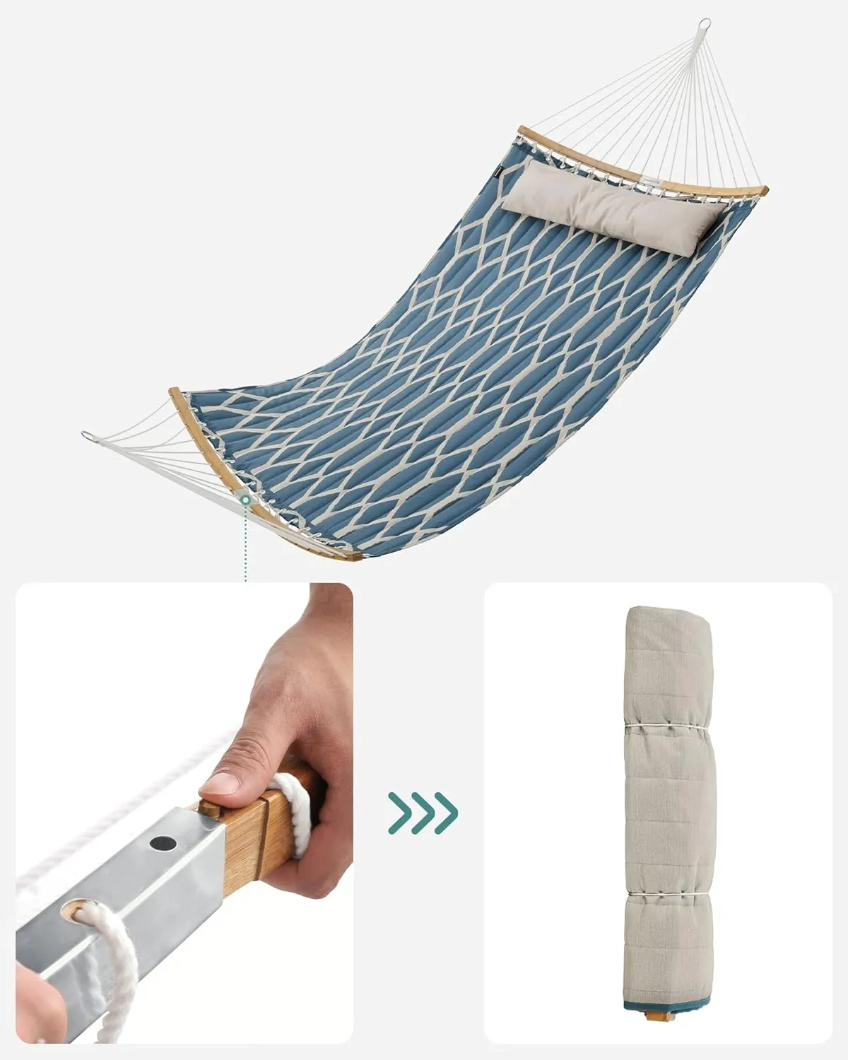 SONGMICS Quilted Hammock with Curved Bamboo Spreaders, Pillow, 78.7 x 55.1 Inches, Holds up to 495 lb, Blue and Beige Rhombus UGDC034I02