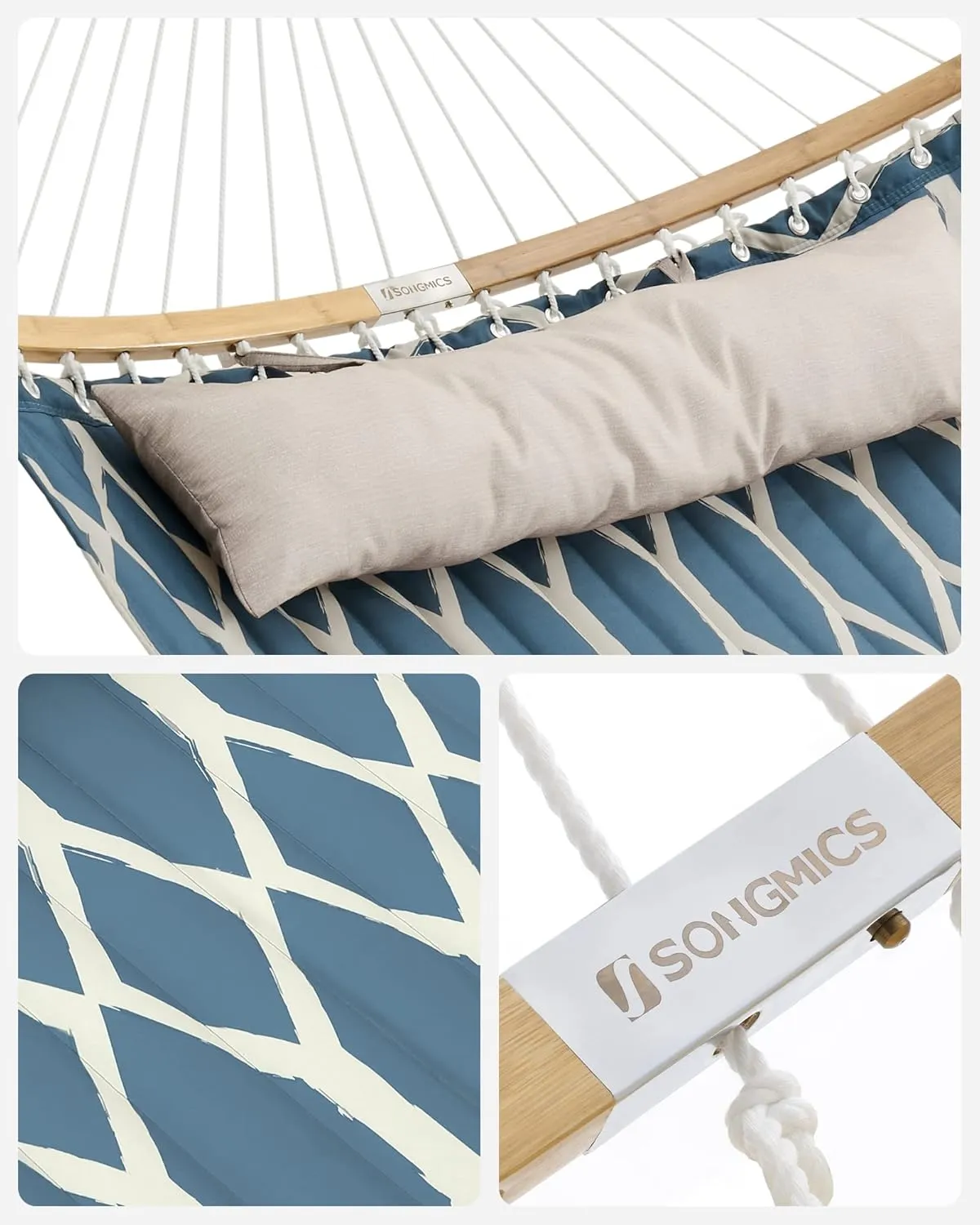 SONGMICS Quilted Hammock with Curved Bamboo Spreaders, Pillow, 78.7 x 55.1 Inches, Holds up to 495 lb, Blue and Beige Rhombus UGDC034I02