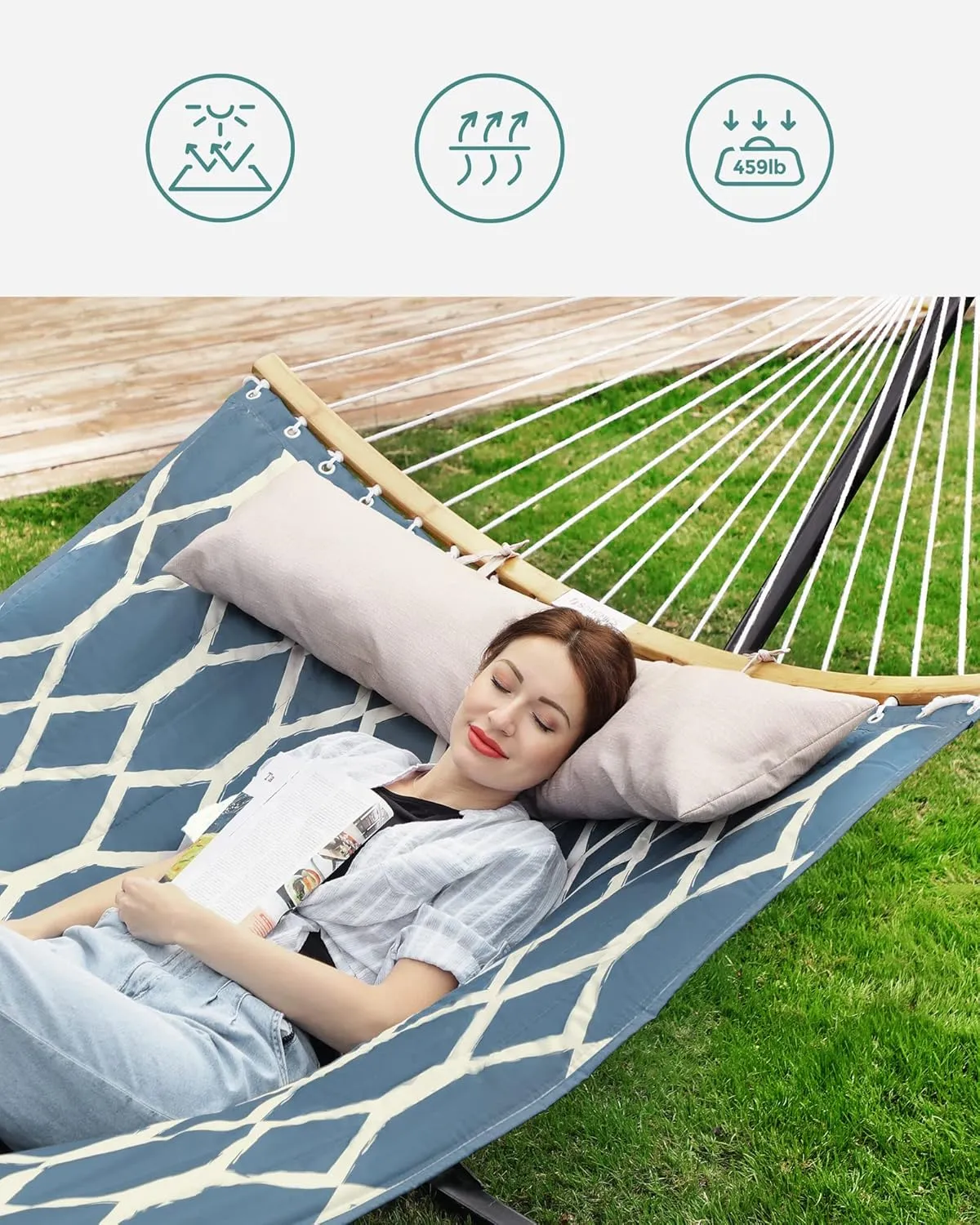 SONGMICS Quilted Hammock with Curved Bamboo Spreaders, Pillow, 78.7 x 55.1 Inches, Holds up to 495 lb, Blue and Beige Rhombus UGDC034I02