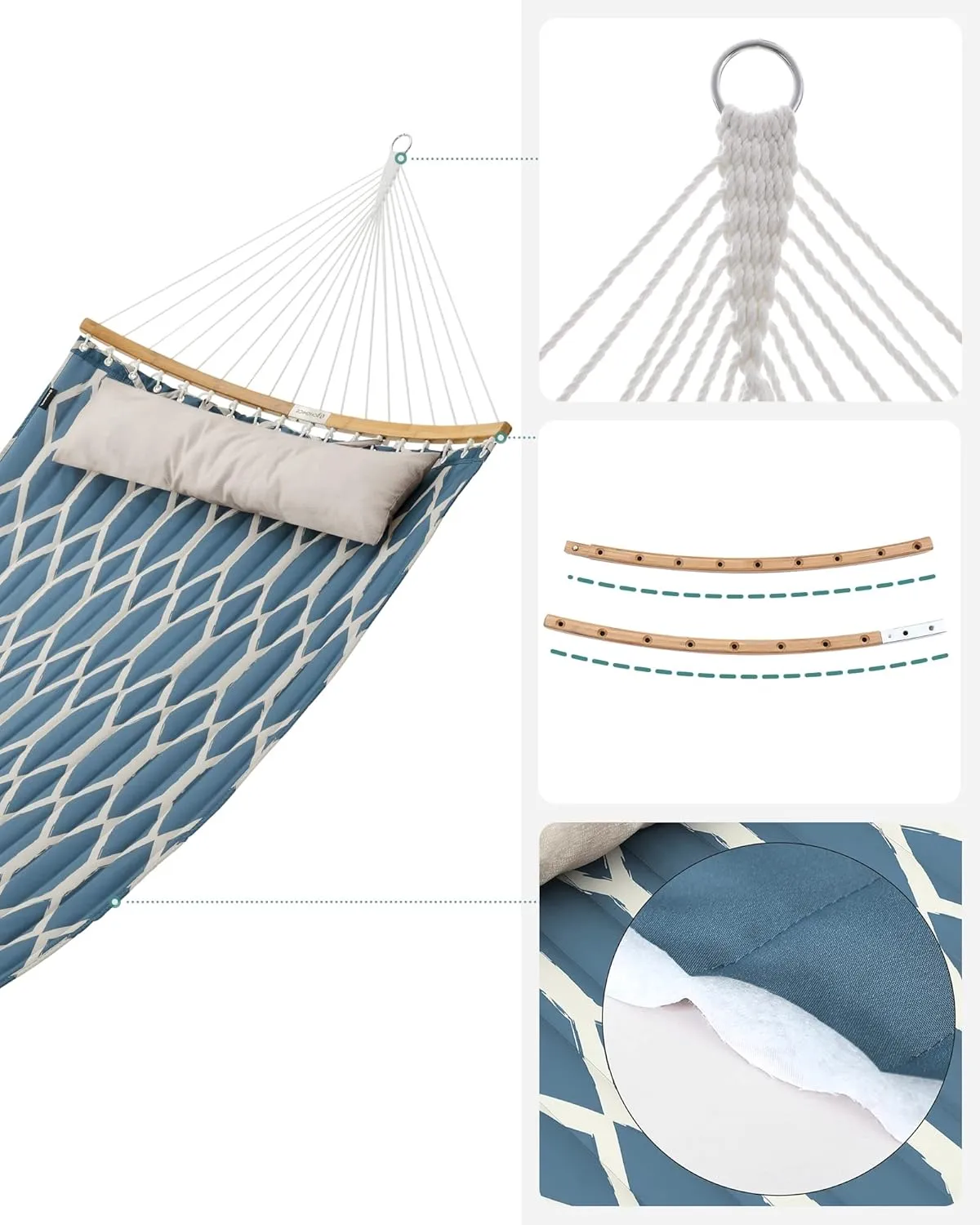 SONGMICS Quilted Hammock with Curved Bamboo Spreaders, Pillow, 78.7 x 55.1 Inches, Holds up to 495 lb, Blue and Beige Rhombus UGDC034I02