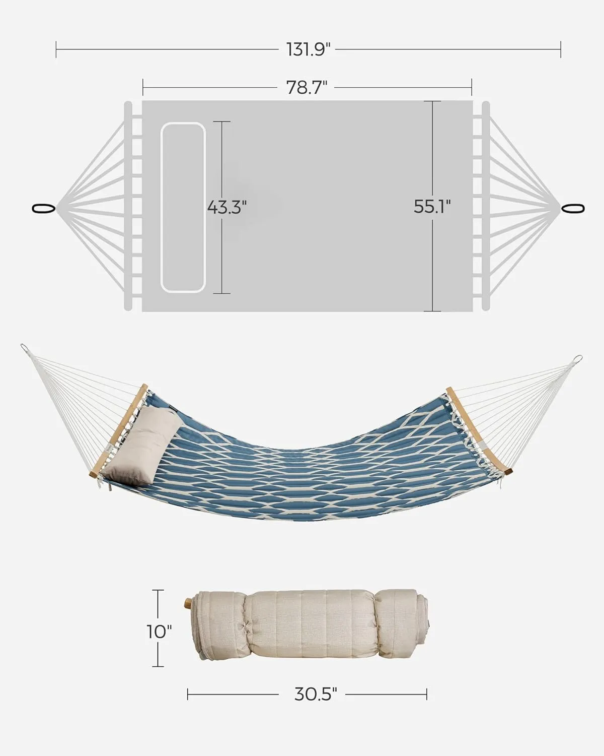 SONGMICS Quilted Hammock with Curved Bamboo Spreaders, Pillow, 78.7 x 55.1 Inches, Holds up to 495 lb, Blue and Beige Rhombus UGDC034I02