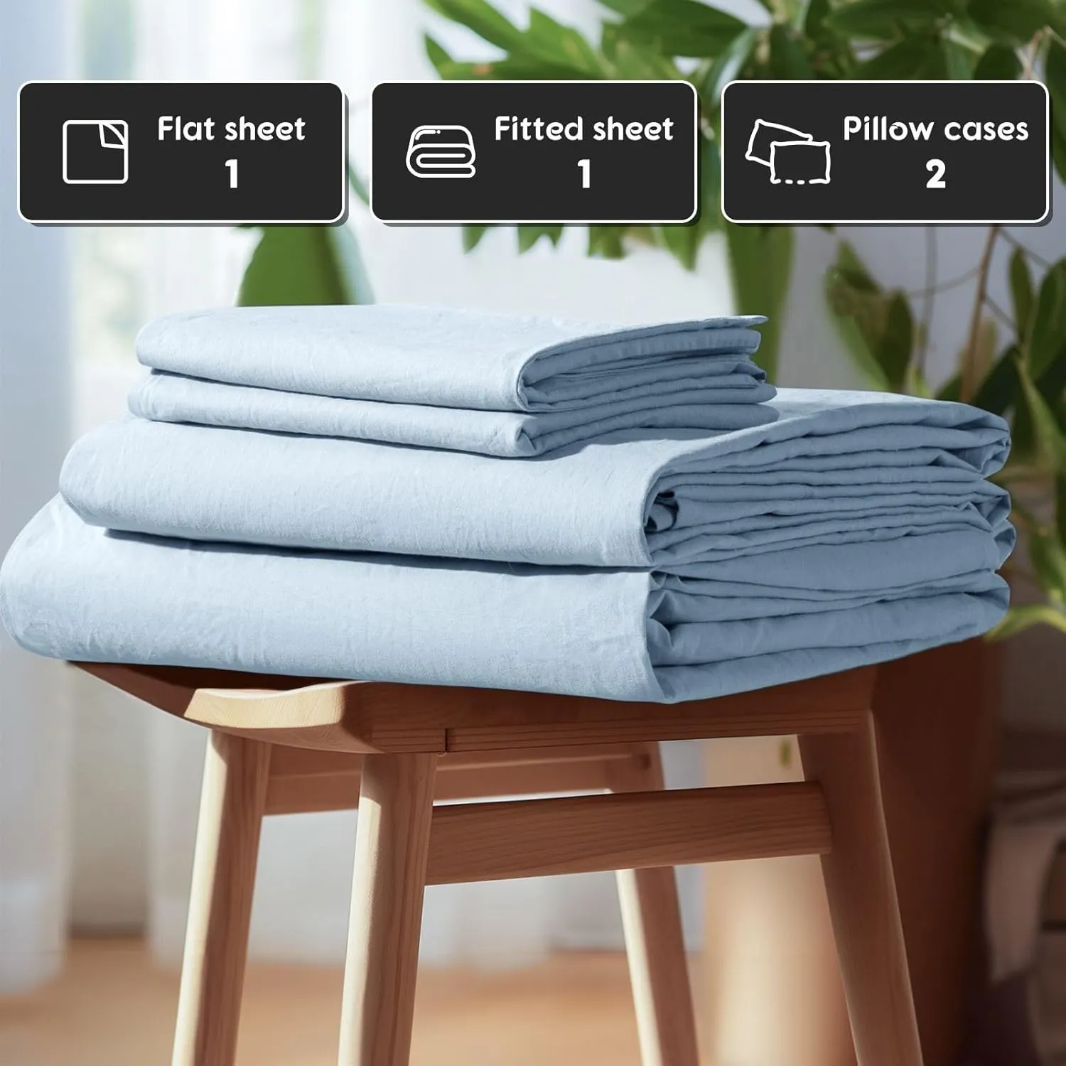 SONORO KATE 100% French Pure Linen Sheets, Breathable and Durable Line King Size Sheets, Anti-Tear Line Bed Sheets, Machine Washable, 16 Inch Deep Pocket - 4 Piece (Dusty Blue, King)
