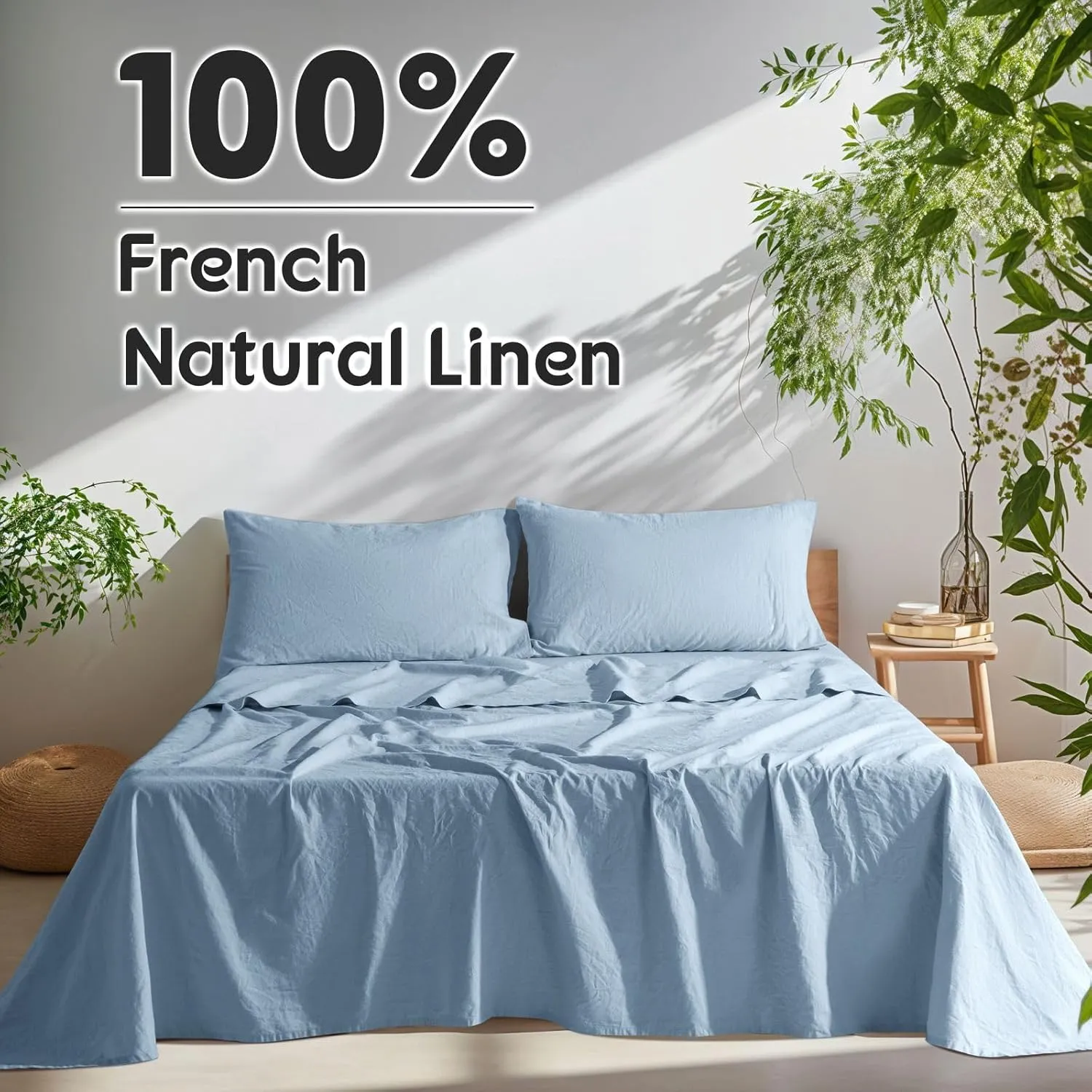 SONORO KATE 100% French Pure Linen Sheets, Breathable and Durable Line King Size Sheets, Anti-Tear Line Bed Sheets, Machine Washable, 16 Inch Deep Pocket - 4 Piece (Dusty Blue, King)