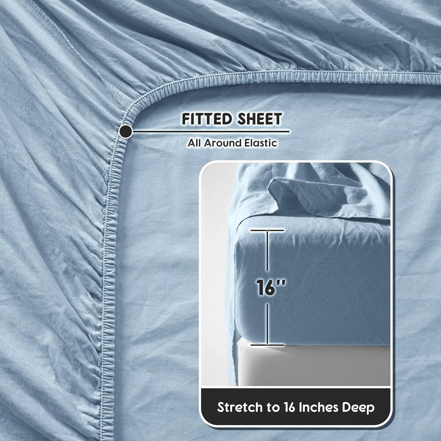 SONORO KATE 100% French Pure Linen Sheets, Breathable and Durable Line King Size Sheets, Anti-Tear Line Bed Sheets, Machine Washable, 16 Inch Deep Pocket - 4 Piece (Dusty Blue, King)