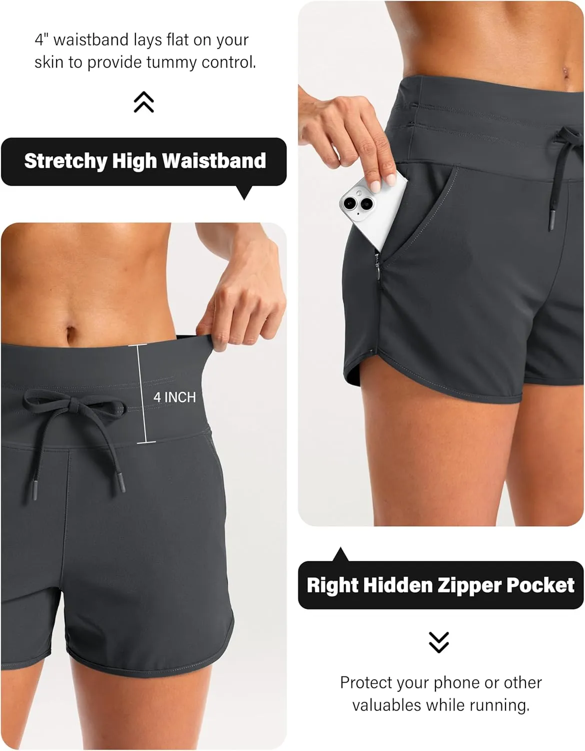 Soothfeel Women's Athletic Running Shorts with Zipper Pockets 3" High Waisted Workout Active Gym Shorts for Women with Liner