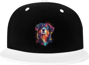 Splash Art Australian Shepherd Color-Block Flat Brim Snapback Cap for Men & Women, Adjustable Hip-Hop Hat White