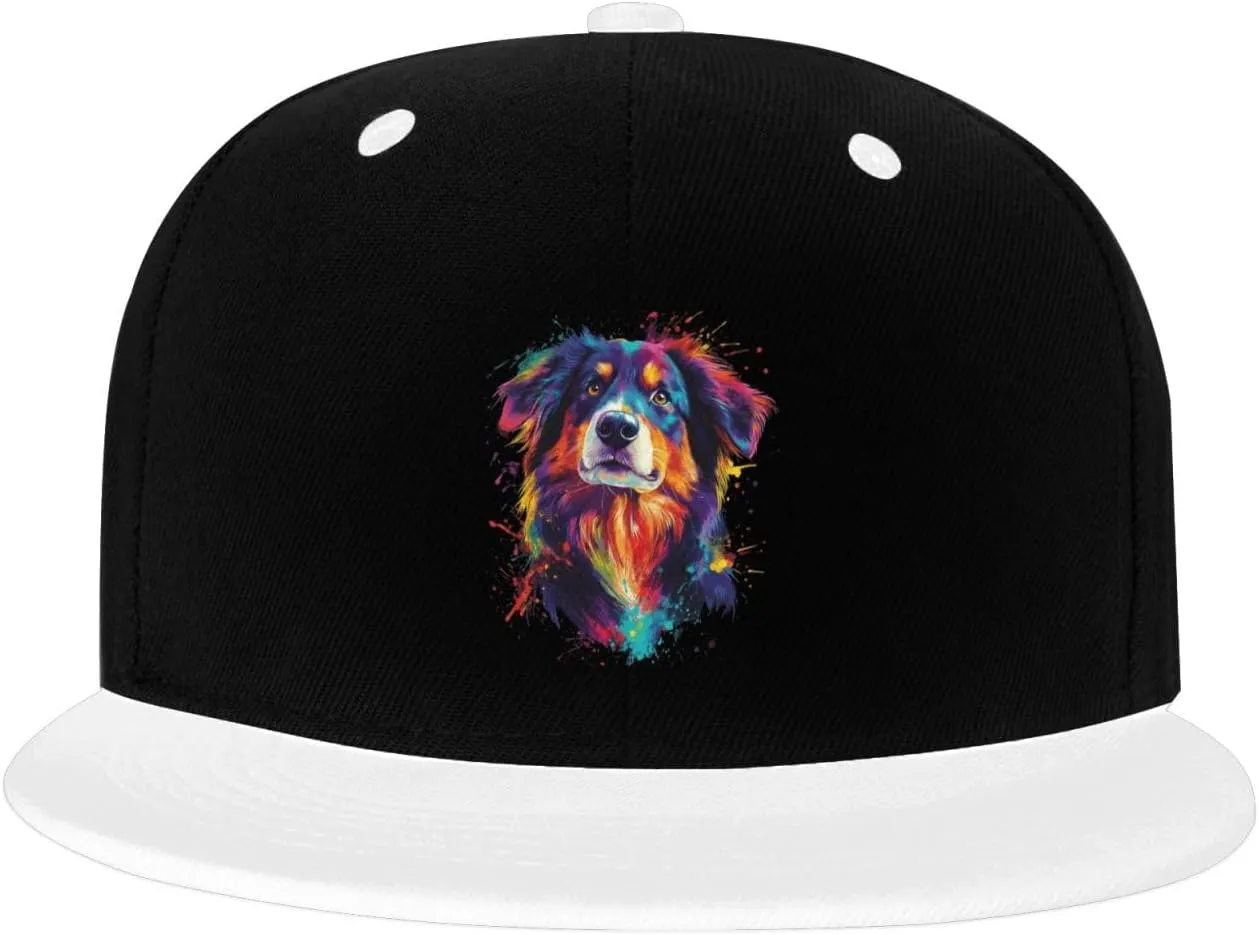 Splash Art Australian Shepherd Color-Block Flat Brim Snapback Cap for Men & Women, Adjustable Hip-Hop Hat White