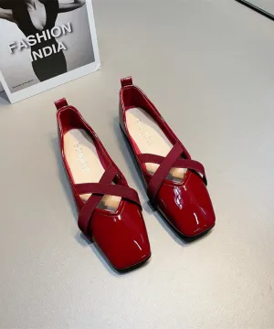 Splicing Women For Wine Shoes Red Flat Cross Leather Strap Faux
