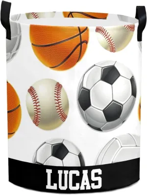 Sport Balls Personalized Waterproof Foldable Laundry Basket Bag with Handle, Custom Collapsible Clothes Hamper Storage Bin for Toys Laundry Dorm Travel Bathroom