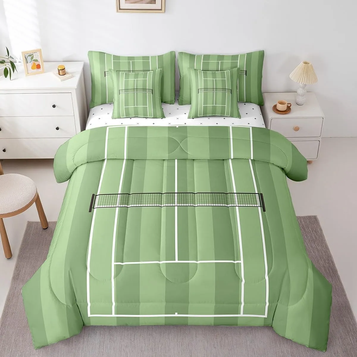 Sport Tennis Queen Comforter Set with Sheets Bed in a Bag 7 Pcs,3D Tennis Court Bed Set,Green Grassland Ball Game Playground Bedding Sets with Comforter,Flat,Fitted Sheet,Pillowcases,Pillow Covers