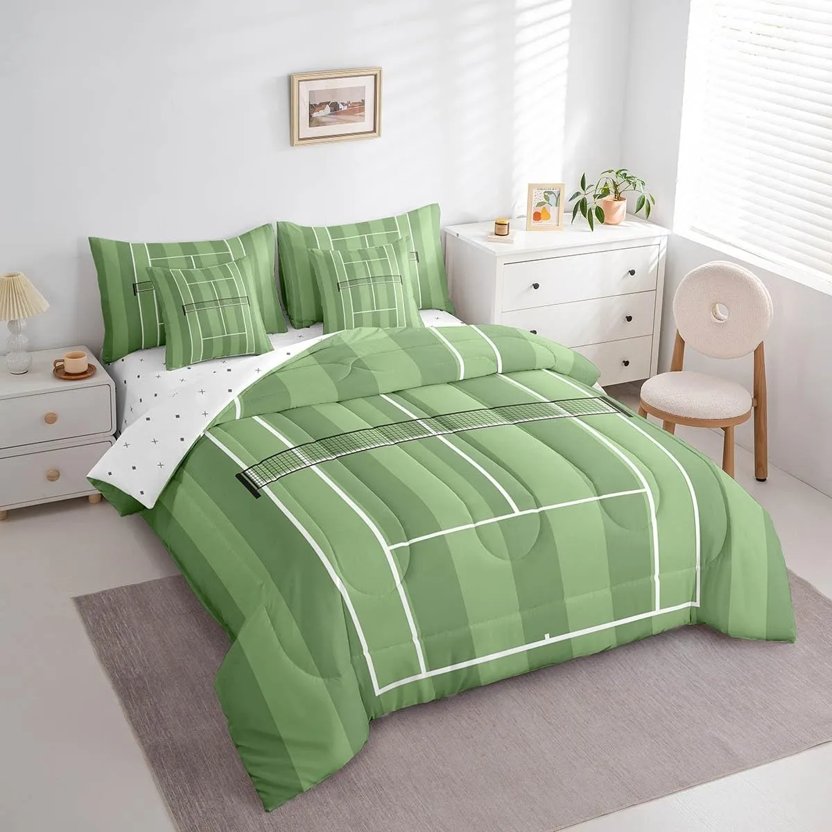 Sport Tennis Queen Comforter Set with Sheets Bed in a Bag 7 Pcs,3D Tennis Court Bed Set,Green Grassland Ball Game Playground Bedding Sets with Comforter,Flat,Fitted Sheet,Pillowcases,Pillow Covers
