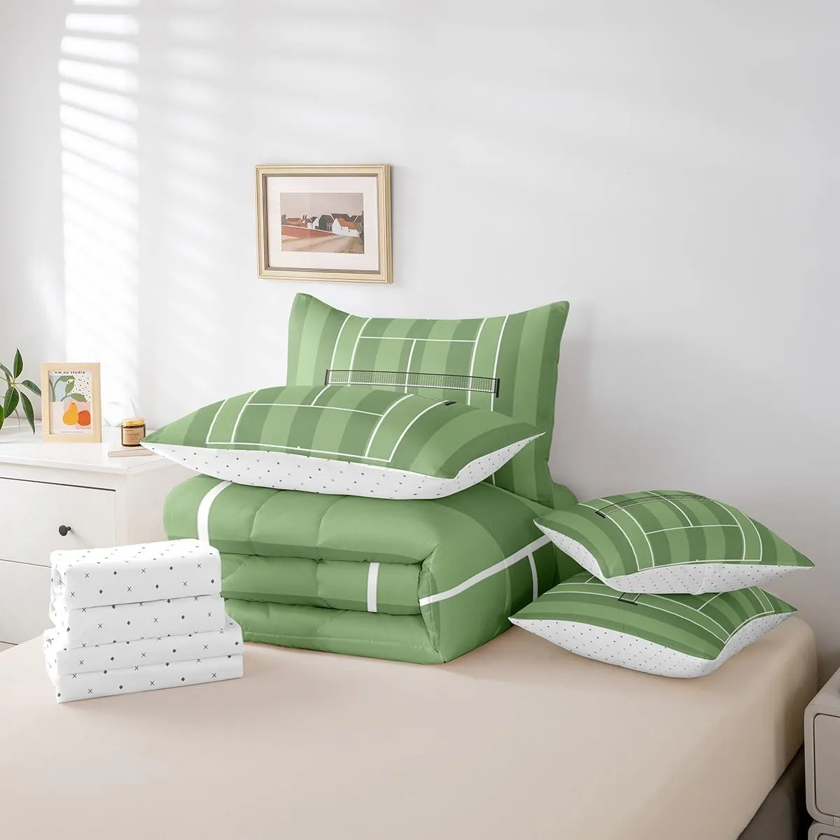 Sport Tennis Queen Comforter Set with Sheets Bed in a Bag 7 Pcs,3D Tennis Court Bed Set,Green Grassland Ball Game Playground Bedding Sets with Comforter,Flat,Fitted Sheet,Pillowcases,Pillow Covers